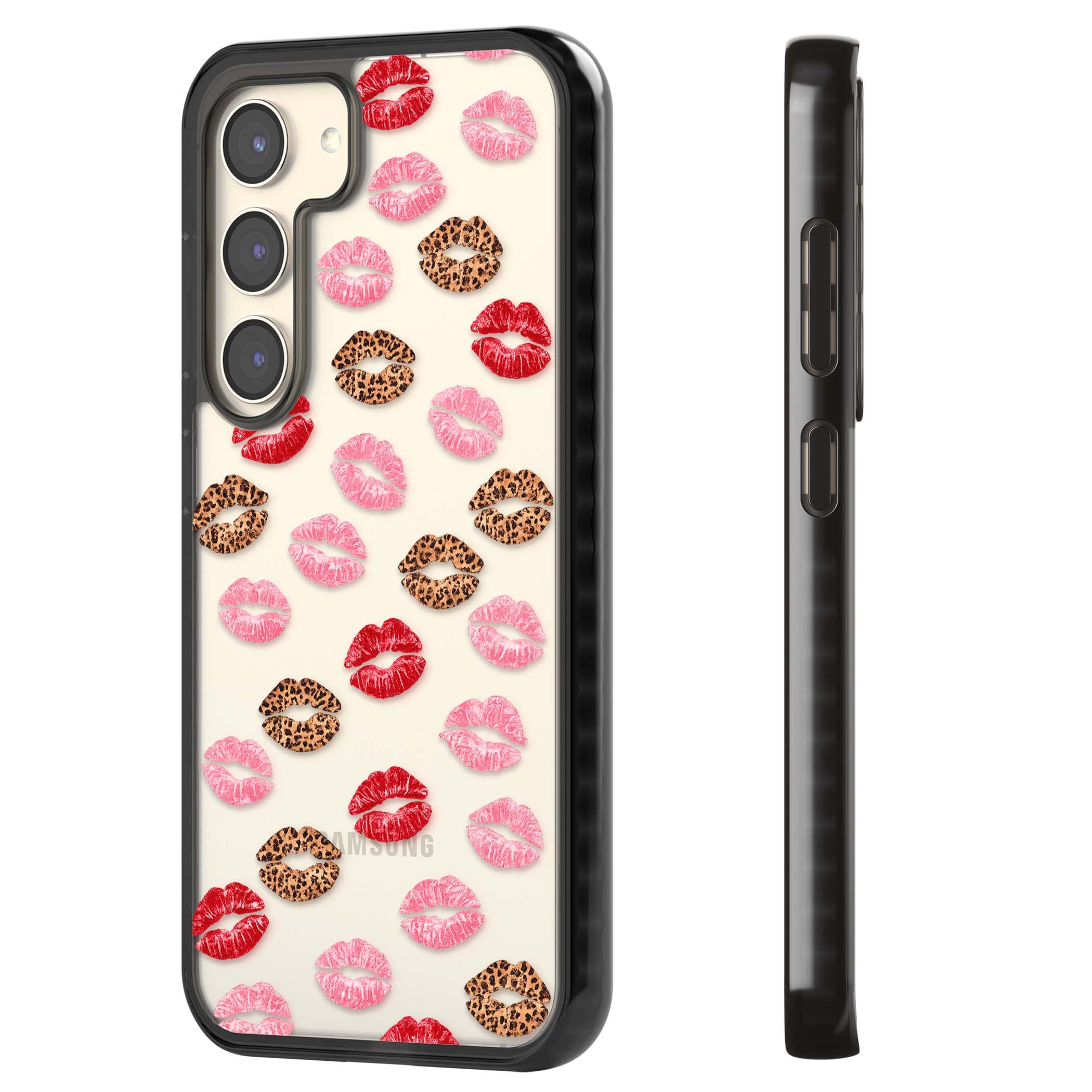 Wild Kisses coquette iPhone case featuring red, pink and leopard print lipstick kiss marks on a clear background | Black Impact case for Samsung Galaxy S24, Samsung Galaxy S23, Samsung Galaxy S22
