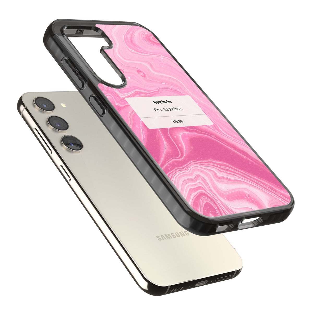 Bad Bitch Reminder Samsung S22 / Samsung S22 Plus / Samsung S23 / Samsung S23 Plus / Samsung S24 / Samsung S24 Plus Impact Black Phone Case angled