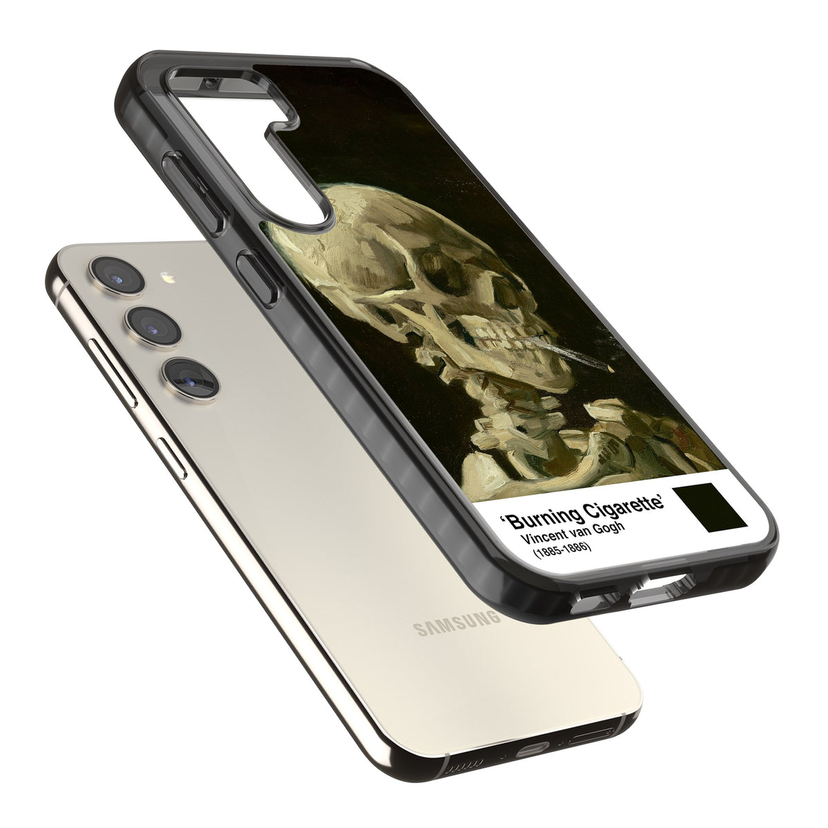 Skull Of A Skeleton With Burning Cigarette Samsung S22 / Samsung S22 Plus / Samsung S23 / Samsung S23 Plus / Samsung S24 / Samsung S24 Plus Impact Black Phone Case angled