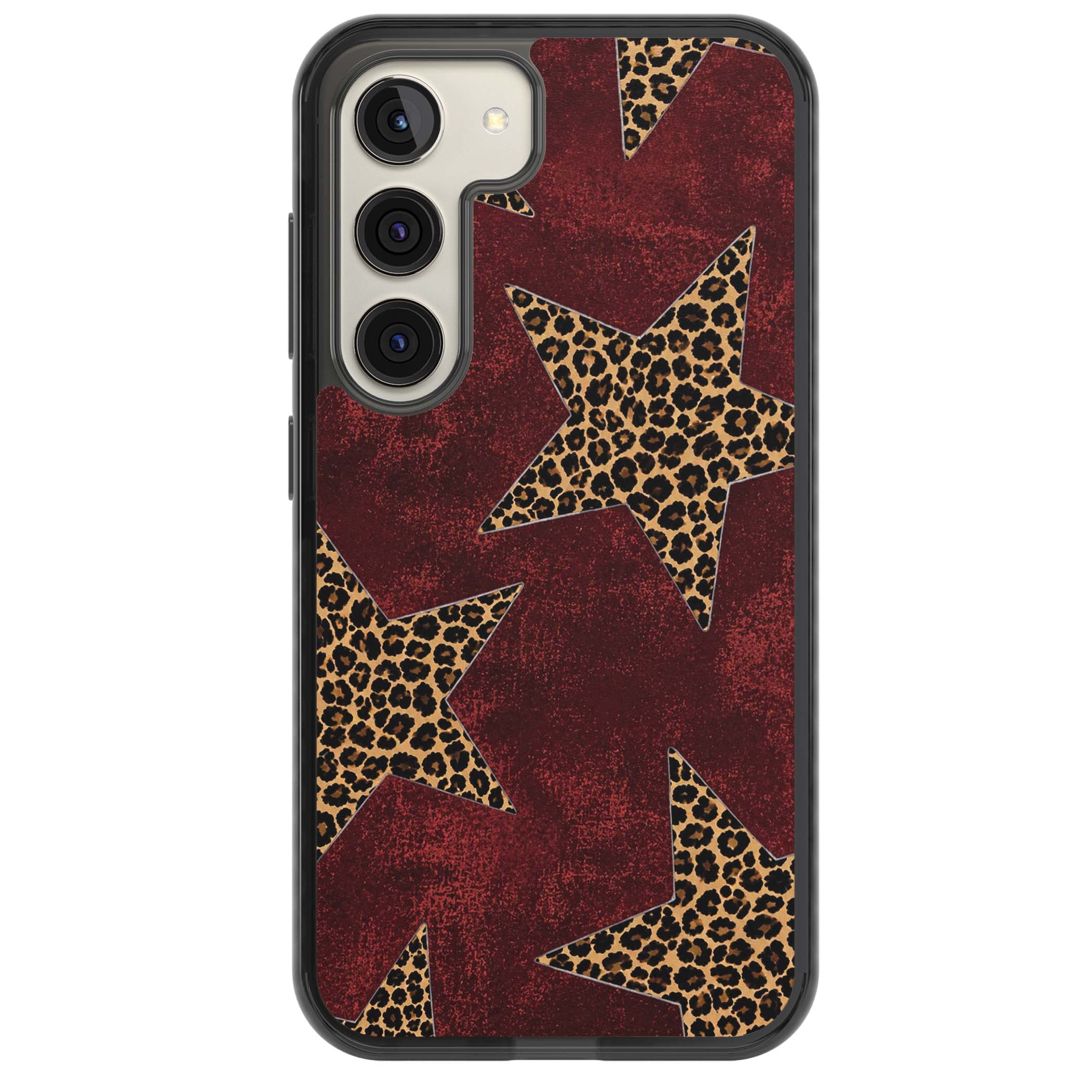 Showgirl leopard print iPhone case featuring cheetah print stars on distressed red grunge background | Black Impact case for Samsung Galaxy S24, Samsung Galaxy S23, Samsung Galaxy S22