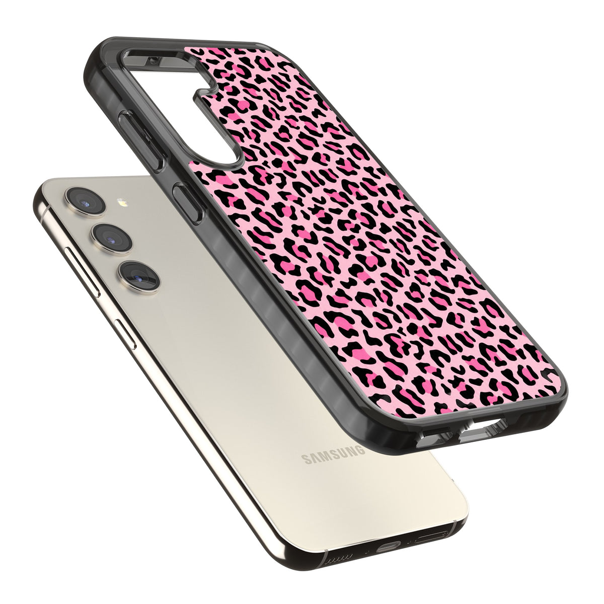 Pink Leopard Samsung S22 / Samsung S22 Plus / Samsung S23 / Samsung S23 Plus / Samsung S24 / Samsung S24 Plus Impact Black Phone Case angled