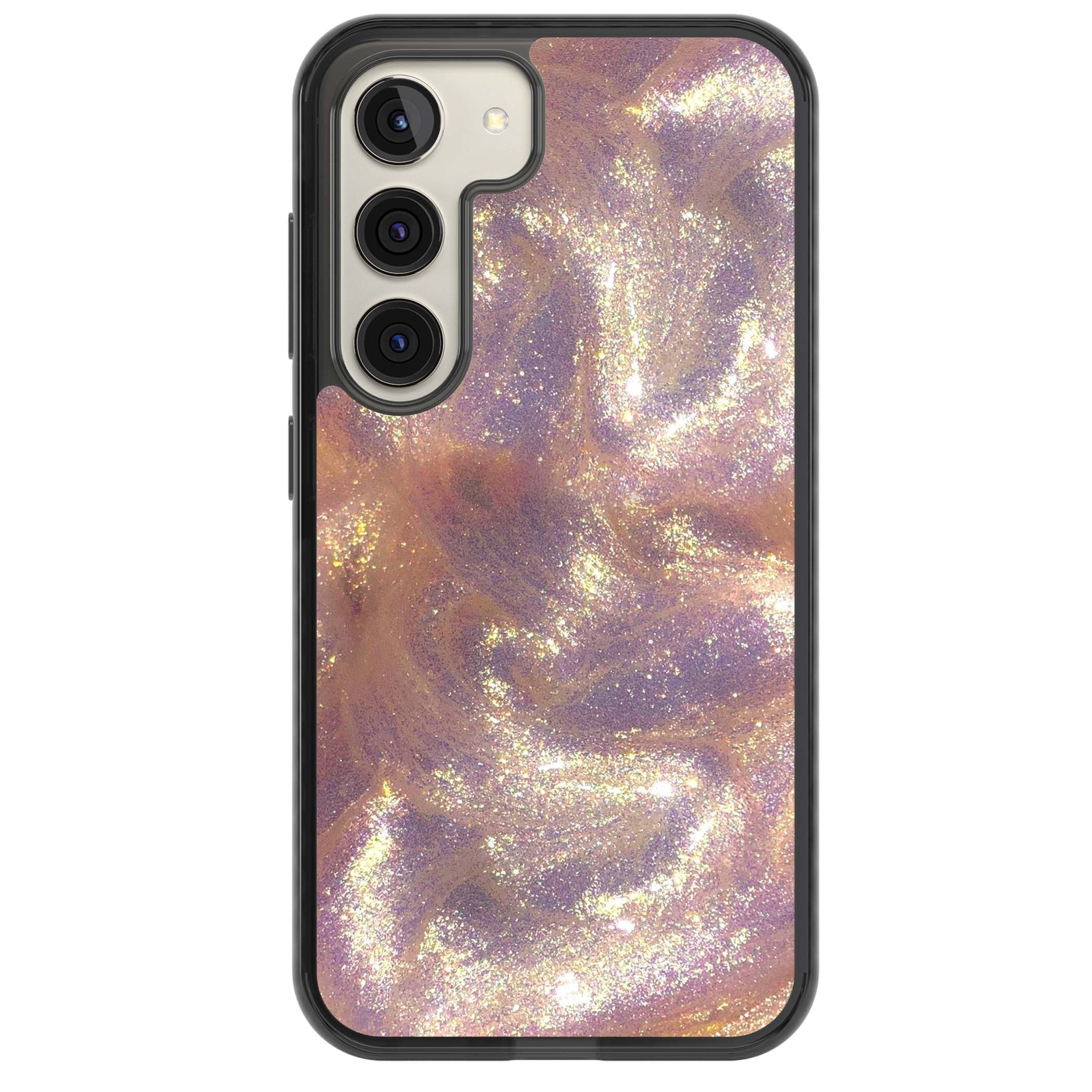 Shimmer marble iPhone case featuring rose gold glitter swirls, lilac shimmer and iridescent pearl finish | Black Impact case for Samsung Galaxy S24, Samsung Galaxy S23, Samsung Galaxy S22
