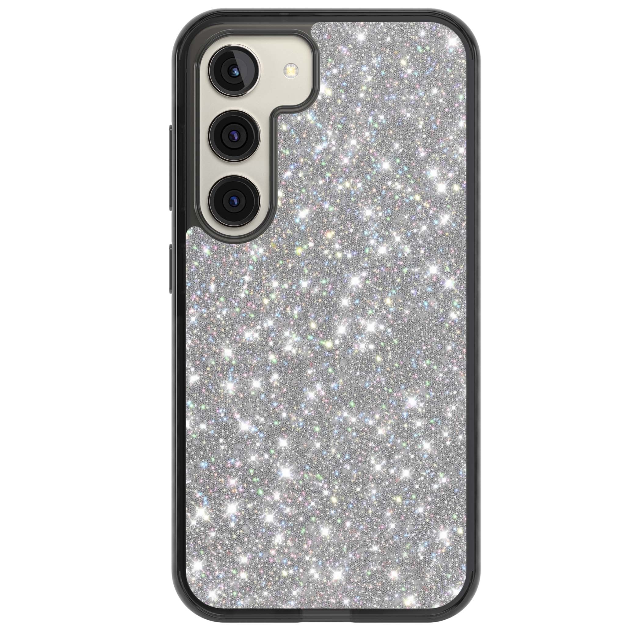 Diamond glam iPhone case featuring silver glitter sparkle and shimmering diamond dust effect | Black Impact case for Samsung Galaxy S24, Samsung Galaxy S23, Samsung Galaxy S22