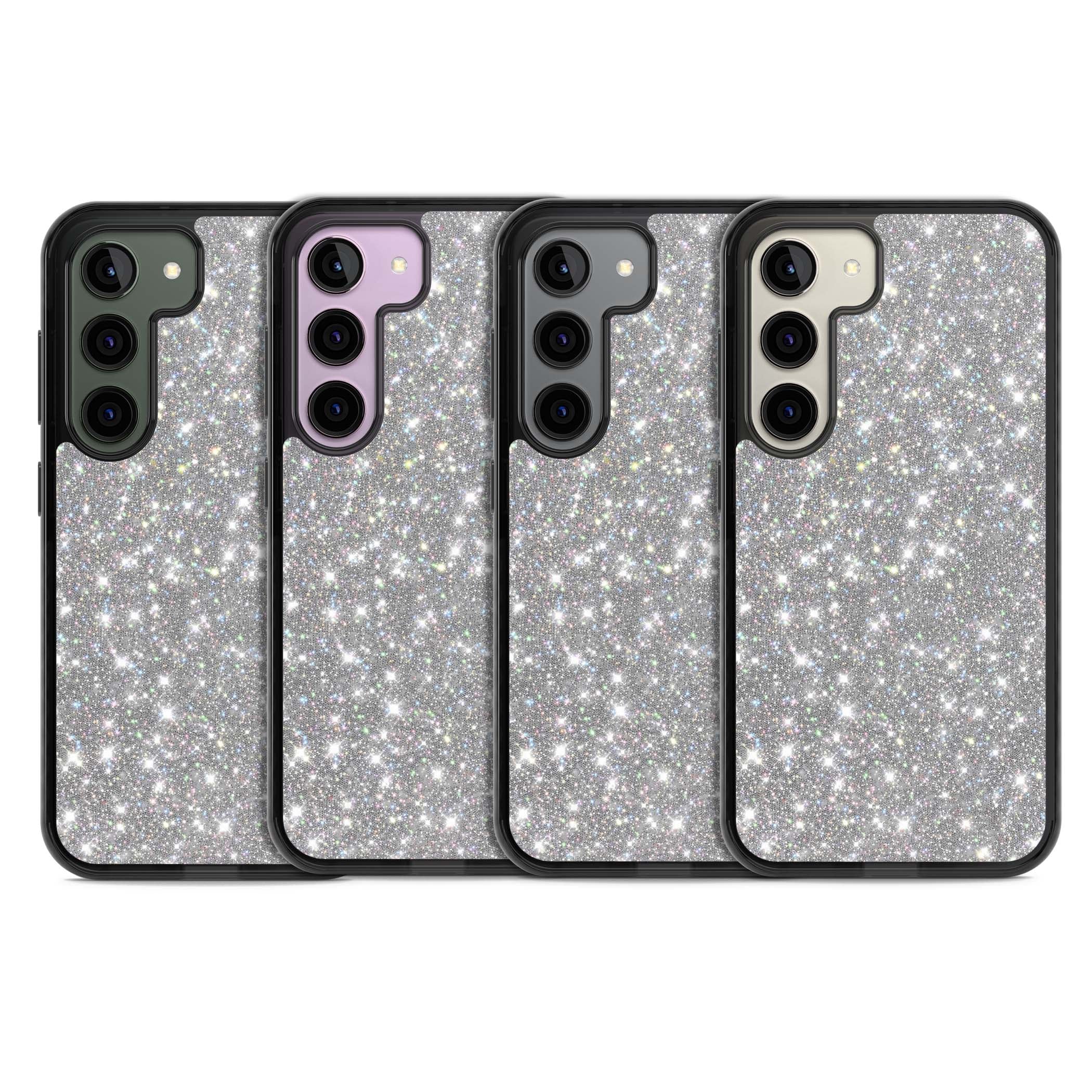 Diamond glam iPhone case featuring silver glitter sparkle and shimmering diamond dust effect | Black Impact case for Samsung Galaxy S24, Samsung Galaxy S23, Samsung Galaxy S22