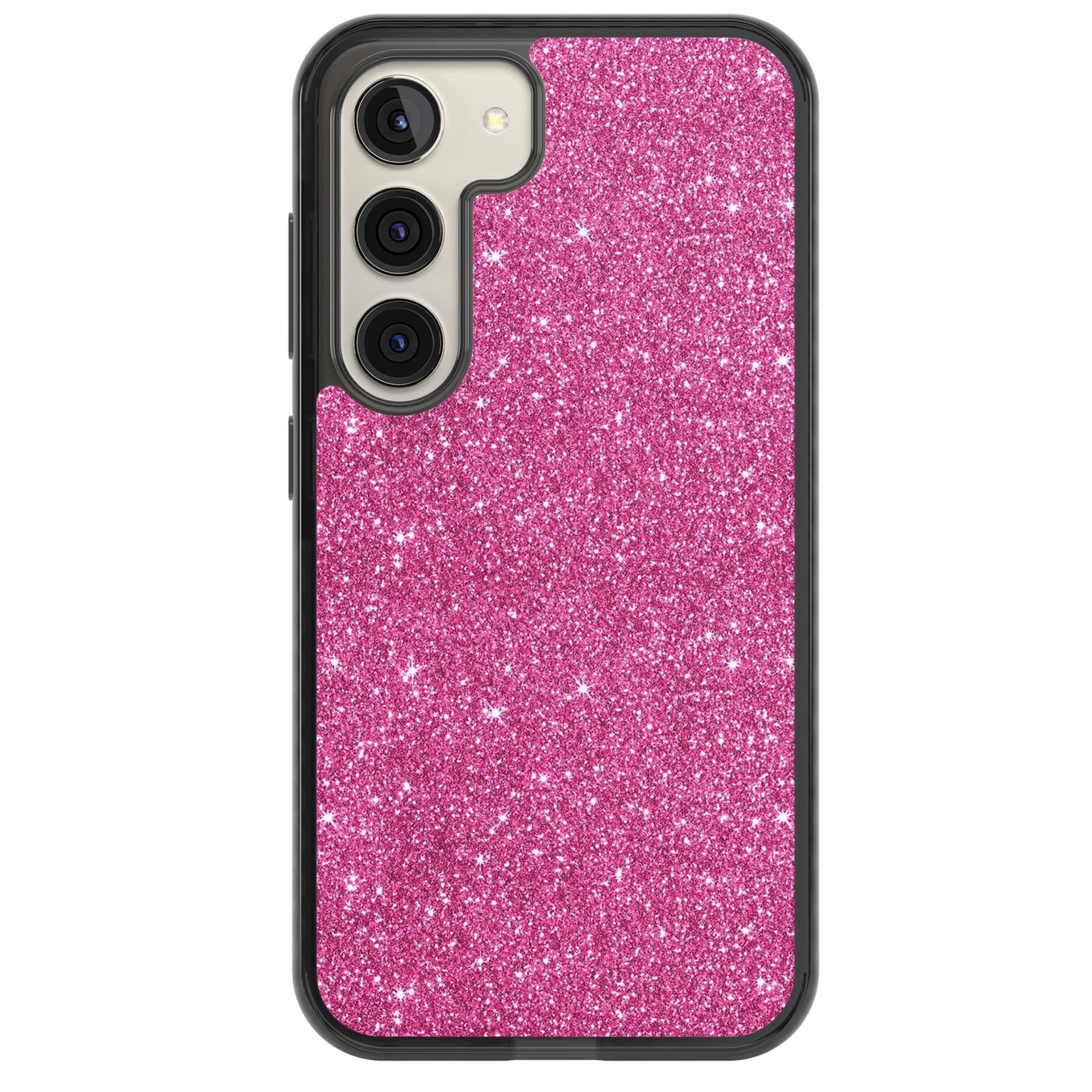 Pink Glitter Y2K iPhone case featuring hot pink glitter wallpaper with sparkle shimmer effect | Black Impact case for Samsung Galaxy S24, Samsung Galaxy S23, Samsung Galaxy S22