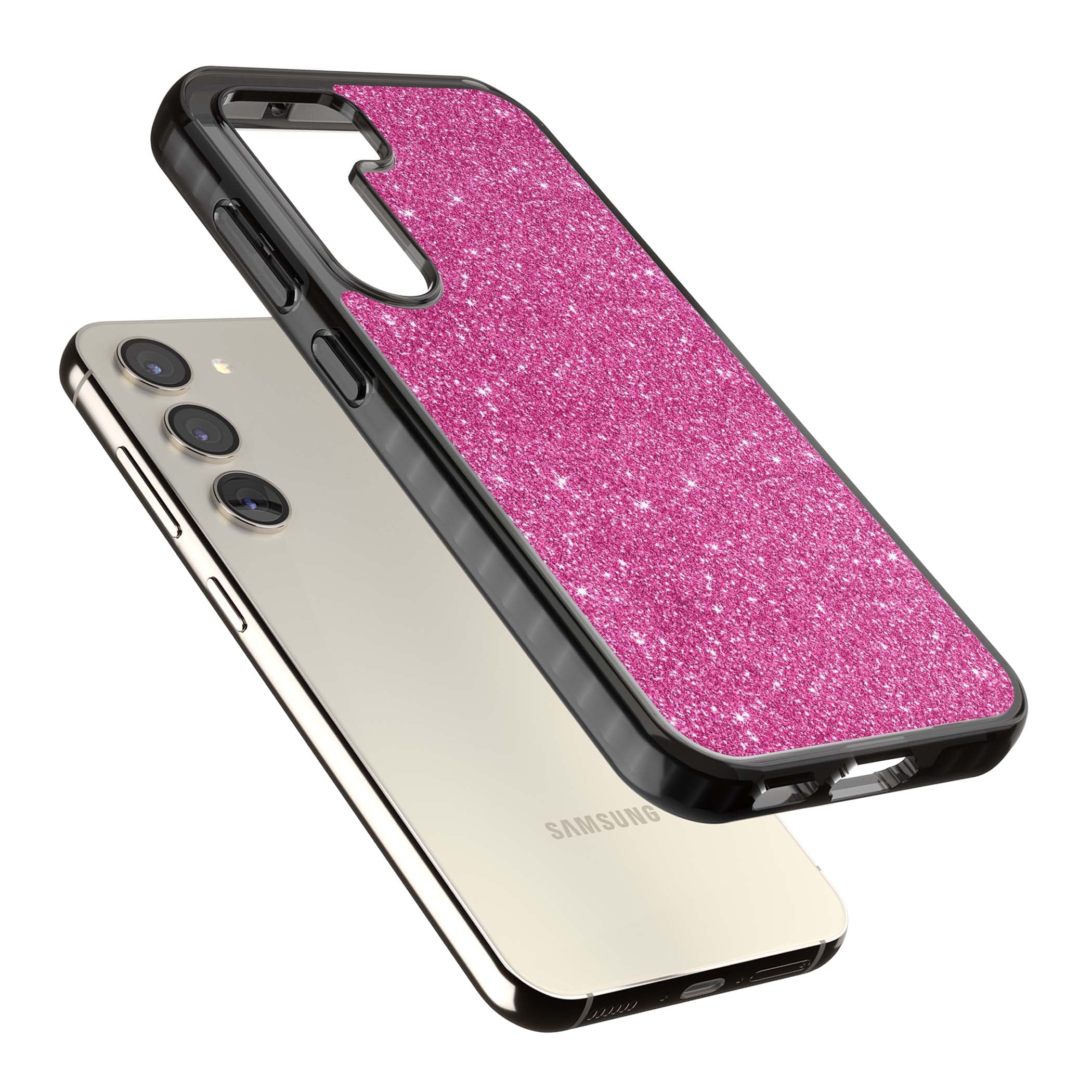 Pink Glitter Y2K iPhone case featuring hot pink glitter wallpaper with sparkle shimmer effect | Black Impact case for Samsung Galaxy S24, Samsung Galaxy S23, Samsung Galaxy S22