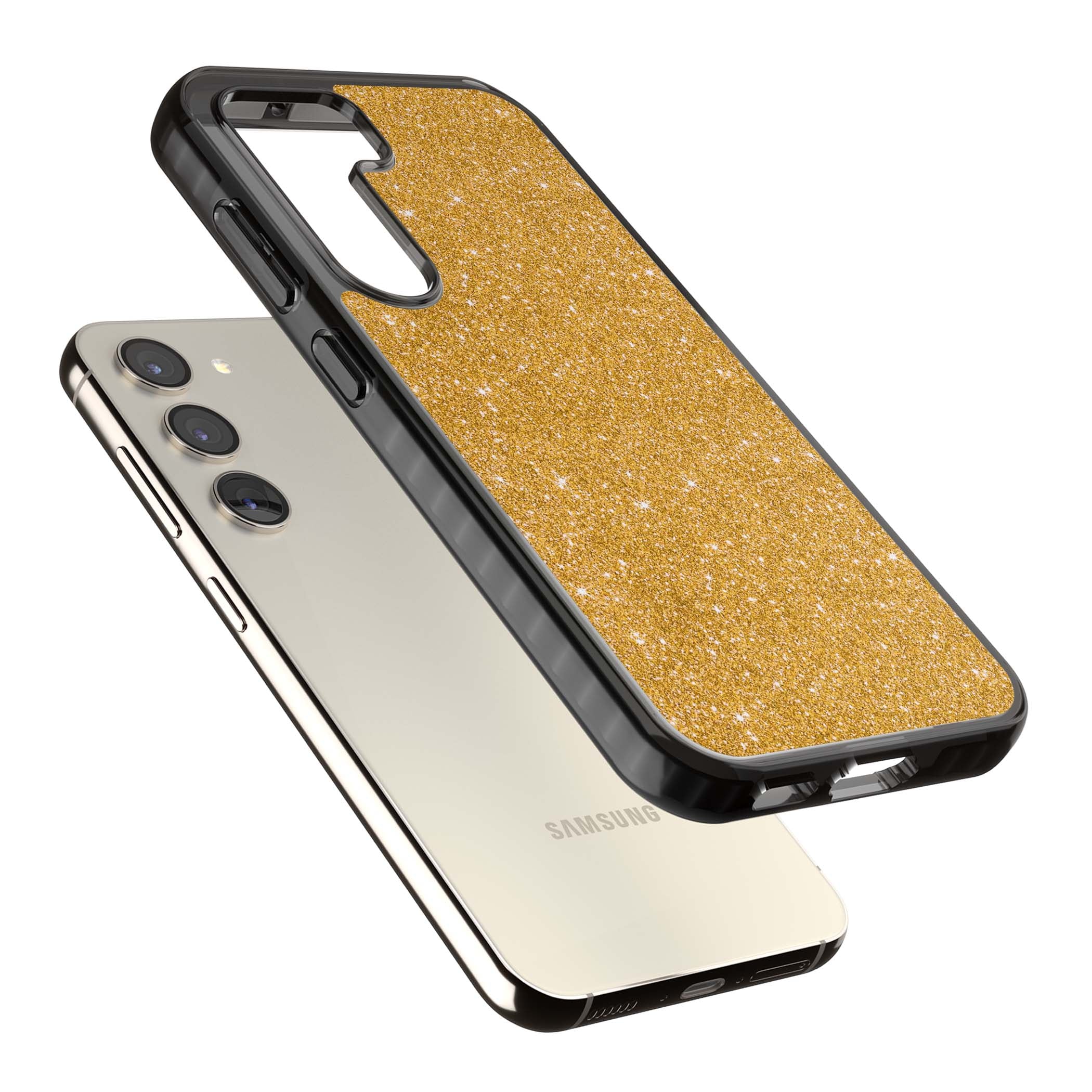 Gold Glitter gold glitter iPhone case featuring a shimmering sparkle wallpaper design in luxury gold | Black Impact case for Samsung Galaxy S24, Samsung Galaxy S23, Samsung Galaxy S22