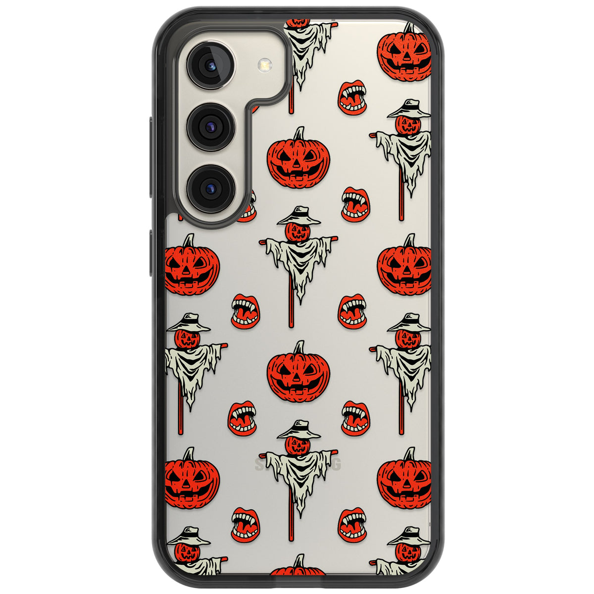 Retro Red Pumpkins & Scarecrows Samsung S22 / Samsung S22 Plus / Samsung S23 / Samsung S23 Plus / Samsung S24 / Samsung S24 Plus Impact Black Phone Case front