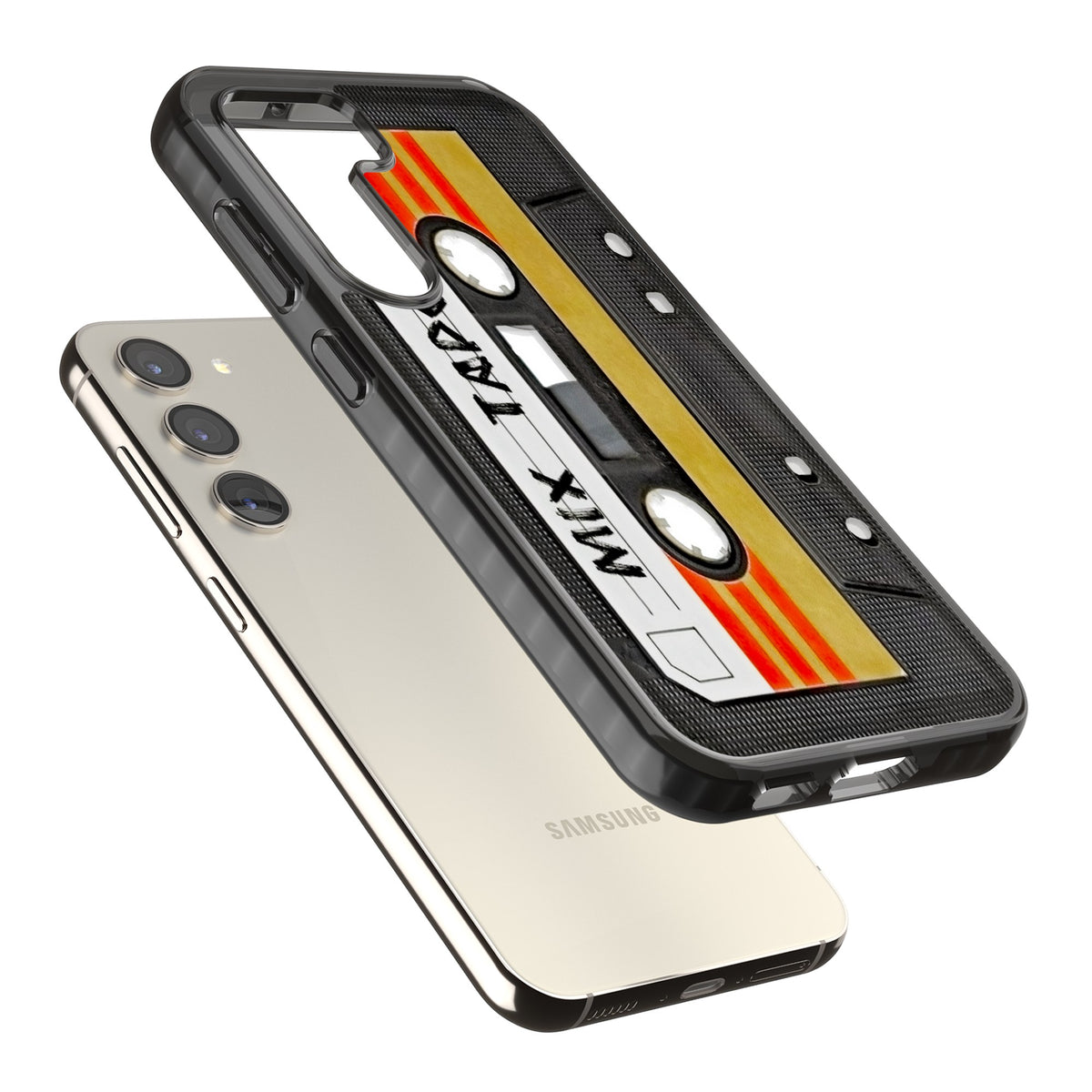 Retro Mix Tape Samsung S22 / Samsung S22 Plus / Samsung S23 / Samsung S23 Plus / Samsung S24 / Samsung S24 Plus Impact Black Phone Case angled