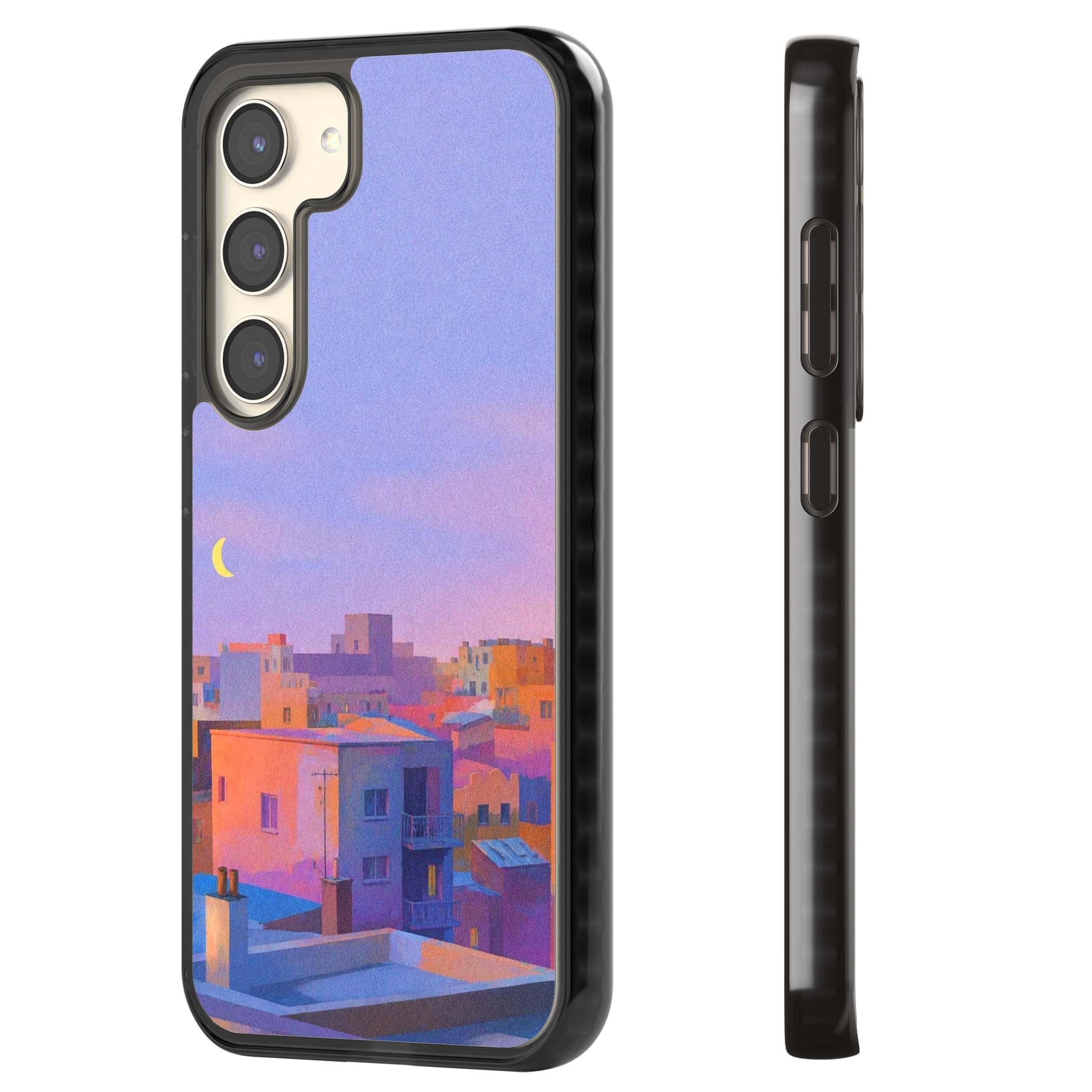Twilight Rooftops vaporwave iPhone case featuring a pastel sunset cityscape, painted rooftops and a crescent moon. | Black Impact case for Samsung Galaxy S24, Samsung Galaxy S23, Samsung Galaxy S22