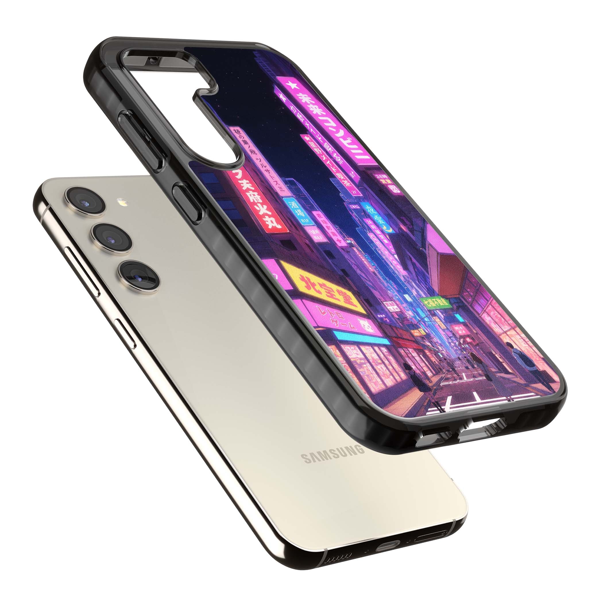 Shibuya At Night Japanese neon city iPhone case featuring glowing kanji signs, pink storefronts and a Tokyo street at n | Black Impact case for Samsung Galaxy S24, Samsung Galaxy S23, Samsung Galaxy S22