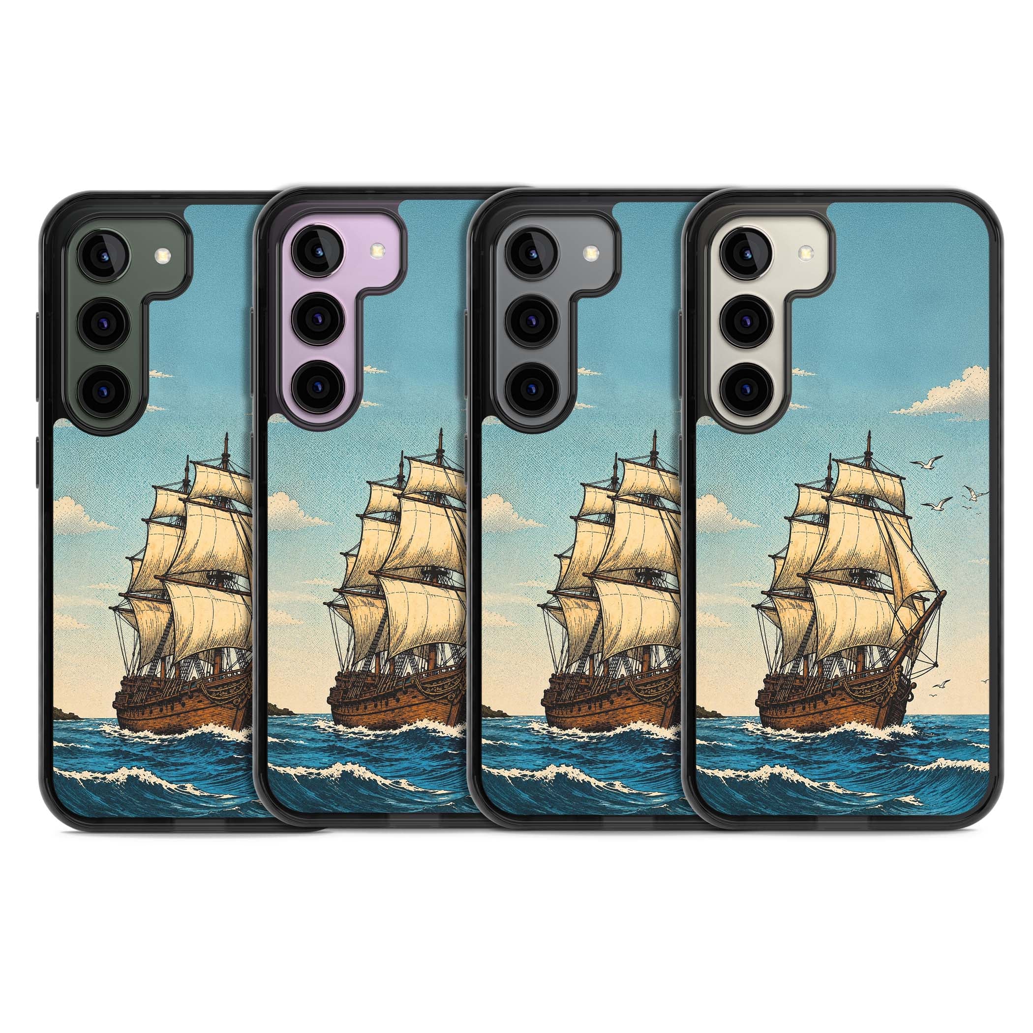 Ship at Sea nautical iPhone case featuring a vintage tall ship, ocean waves and seagulls | Black Impact case for Samsung Galaxy S24, Samsung Galaxy S23, Samsung Galaxy S22