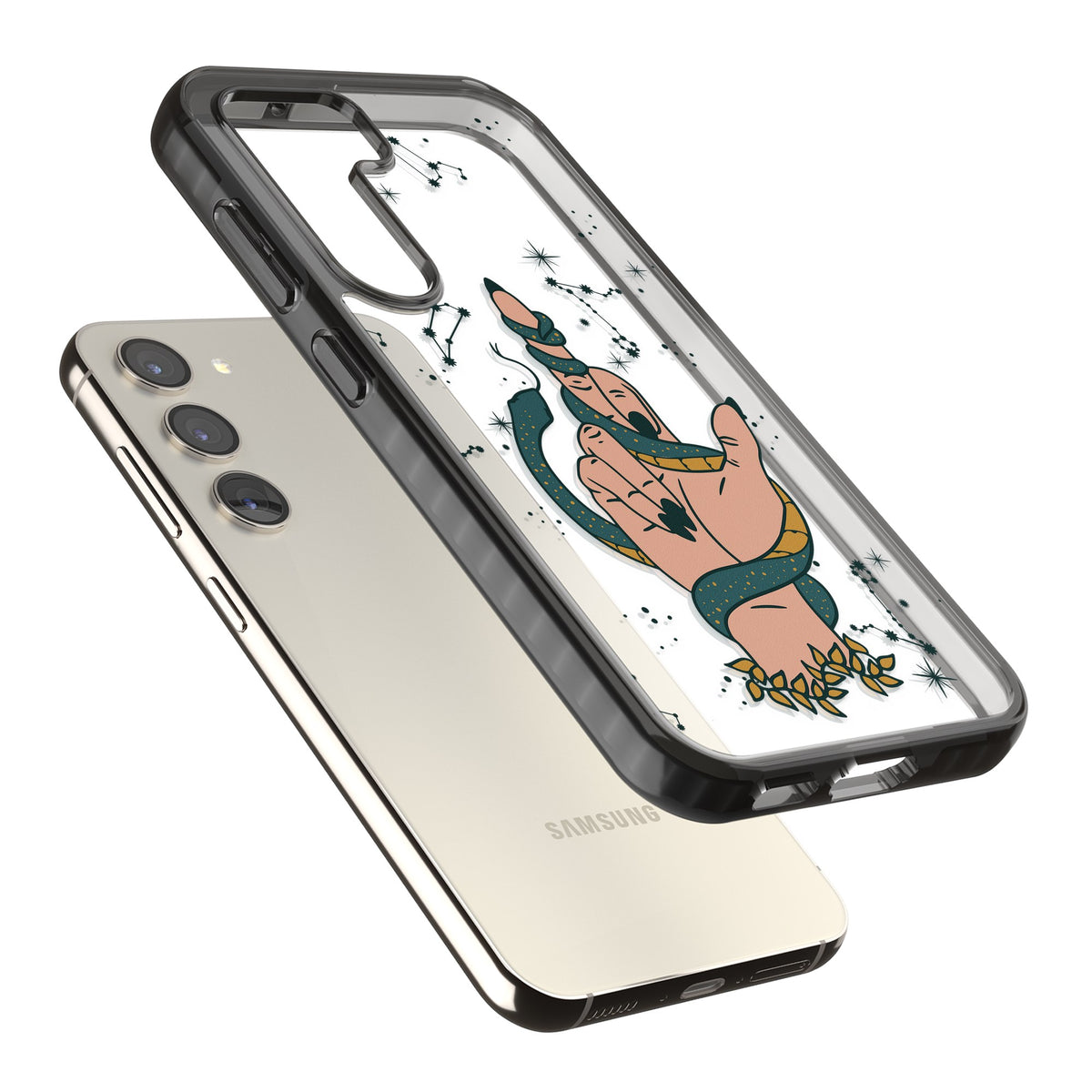Snakes, Stars And Cynicism Samsung S22 / Samsung S22 Plus / Samsung S23 / Samsung S23 Plus / Samsung S24 / Samsung S24 Plus Impact Black Phone Case angled