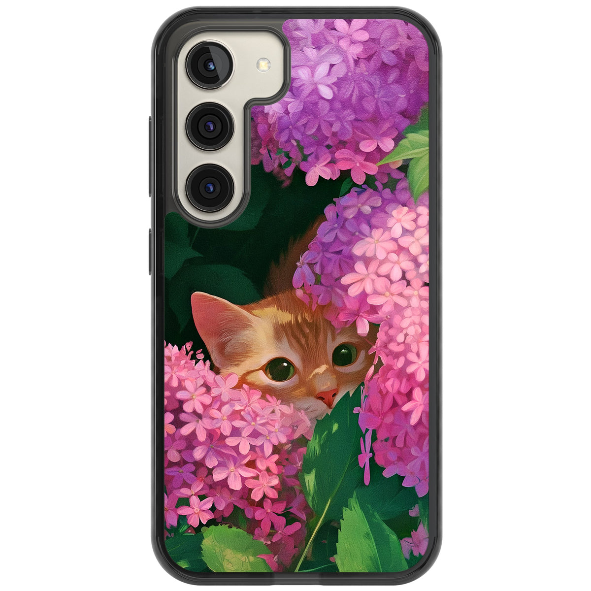 Cat In Pink Flowers Samsung S22 / Samsung S22 Plus / Samsung S23 / Samsung S23 Plus / Samsung S24 / Samsung S24 Plus Impact Black Phone Case front
