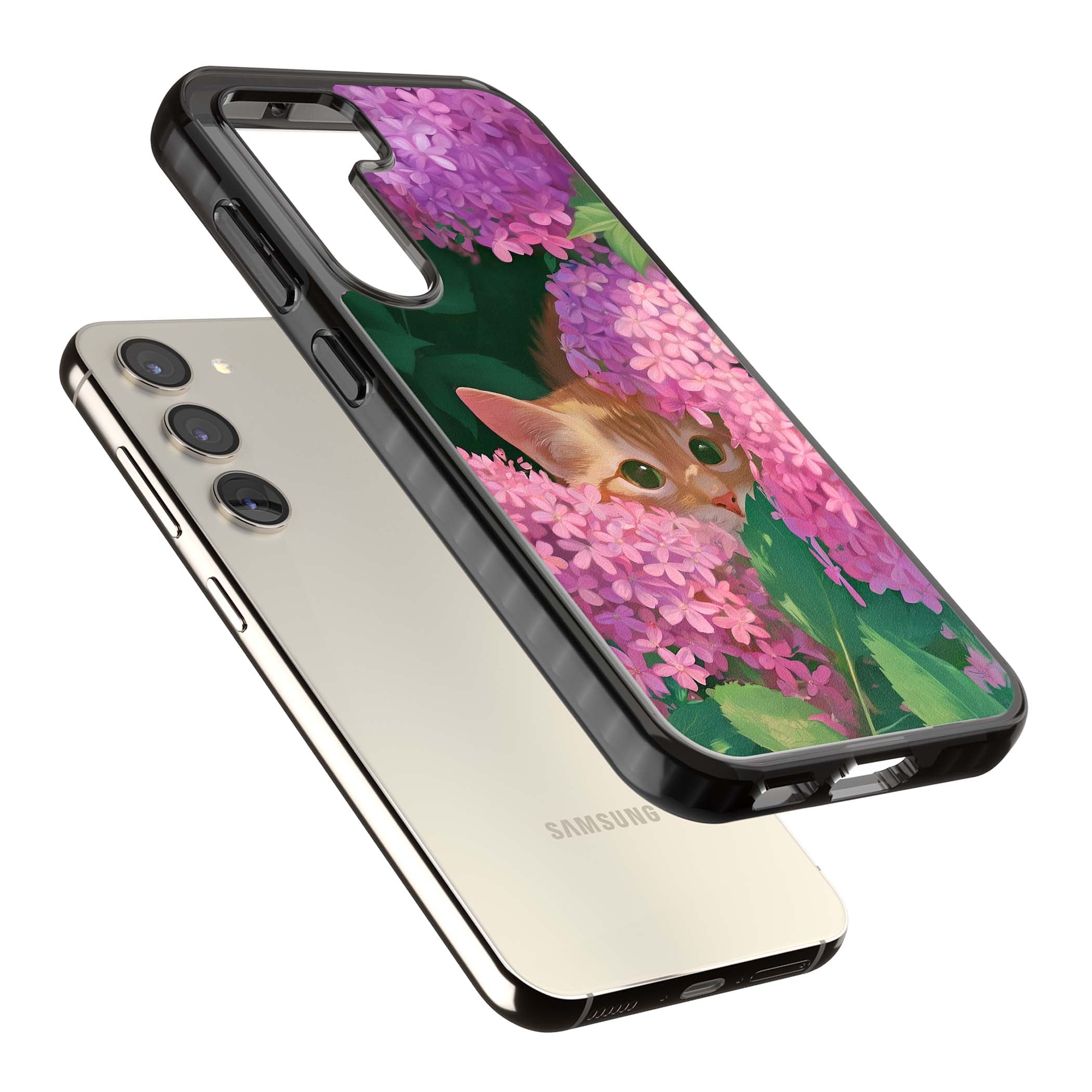 Cat In Pink Flowers cottagecore iPhone case featuring a ginger kitten peeking through lilac and pink hydrangea flo | Black Impact case for Samsung Galaxy S24, Samsung Galaxy S23, Samsung Galaxy S22