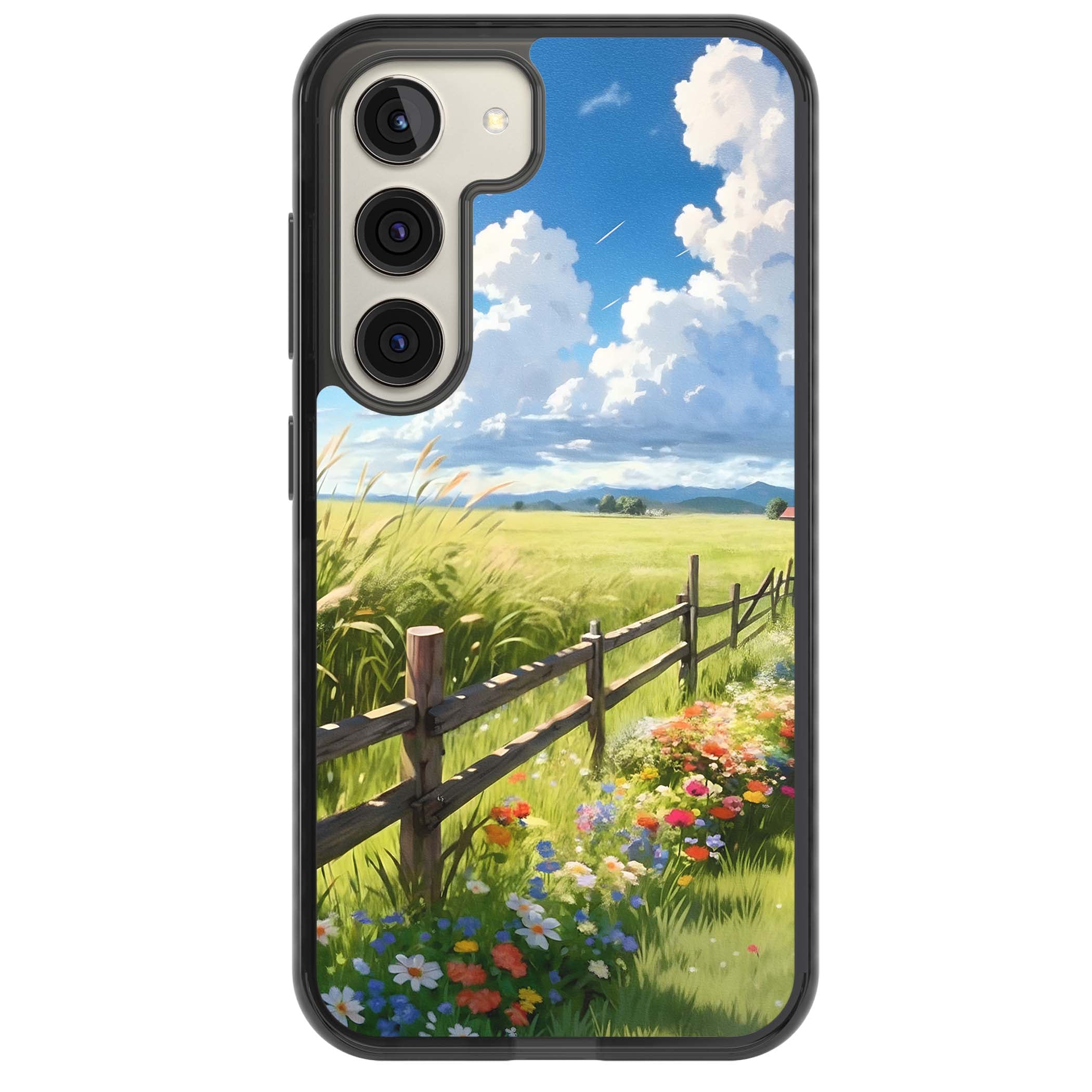 A Countryside Afternoon cottagecore iPhone case featuring a painted countryside meadow, wooden fence, and wildflowers beneath | Black Impact case for Samsung Galaxy S24, Samsung Galaxy S23, Samsung Galaxy S22
