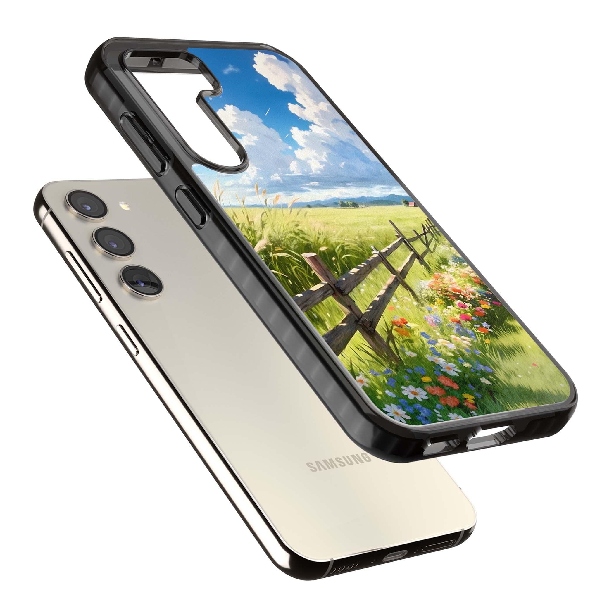 A Countryside Afternoon cottagecore iPhone case featuring a painted countryside meadow, wooden fence, and wildflowers beneath | Black Impact case for Samsung Galaxy S24, Samsung Galaxy S23, Samsung Galaxy S22