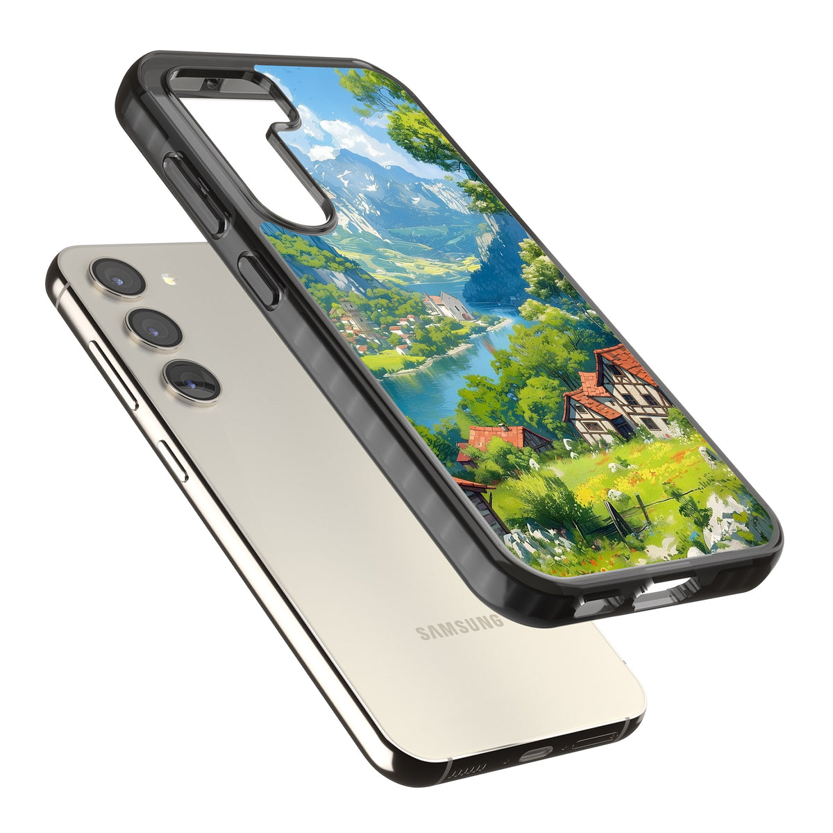 Village In The Valley Samsung S22 / Samsung S22 Plus / Samsung S23 / Samsung S23 Plus / Samsung S24 / Samsung S24 Plus Impact Black Phone Case angled