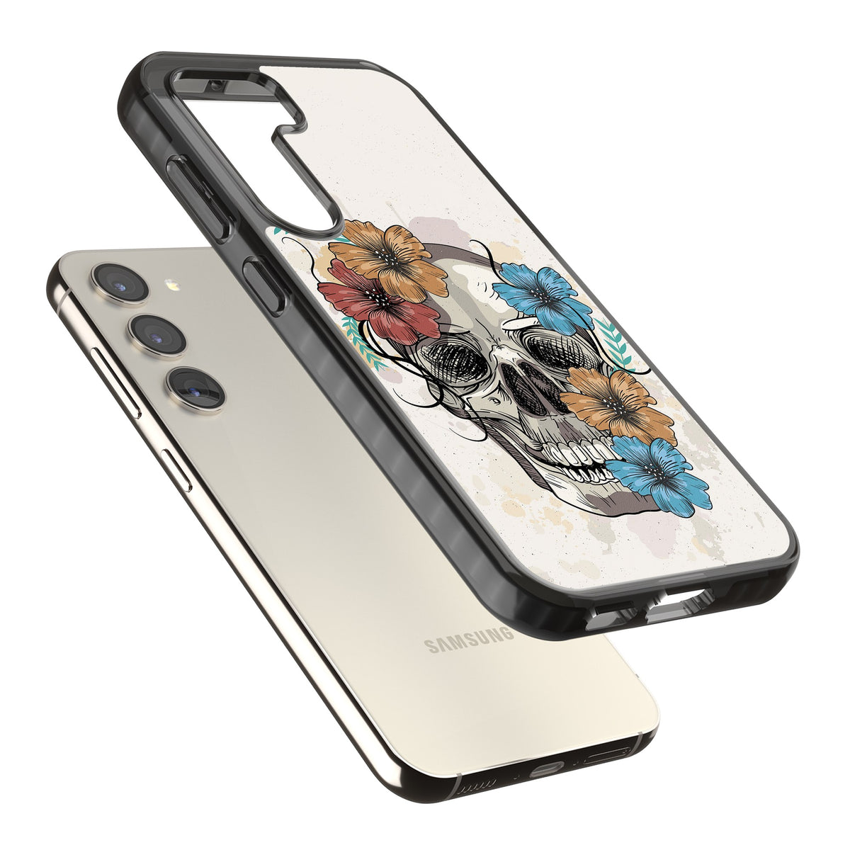 Sugar Skull Floral Samsung S22 / Samsung S22 Plus / Samsung S23 / Samsung S23 Plus / Samsung S24 / Samsung S24 Plus Impact Black Phone Case angled