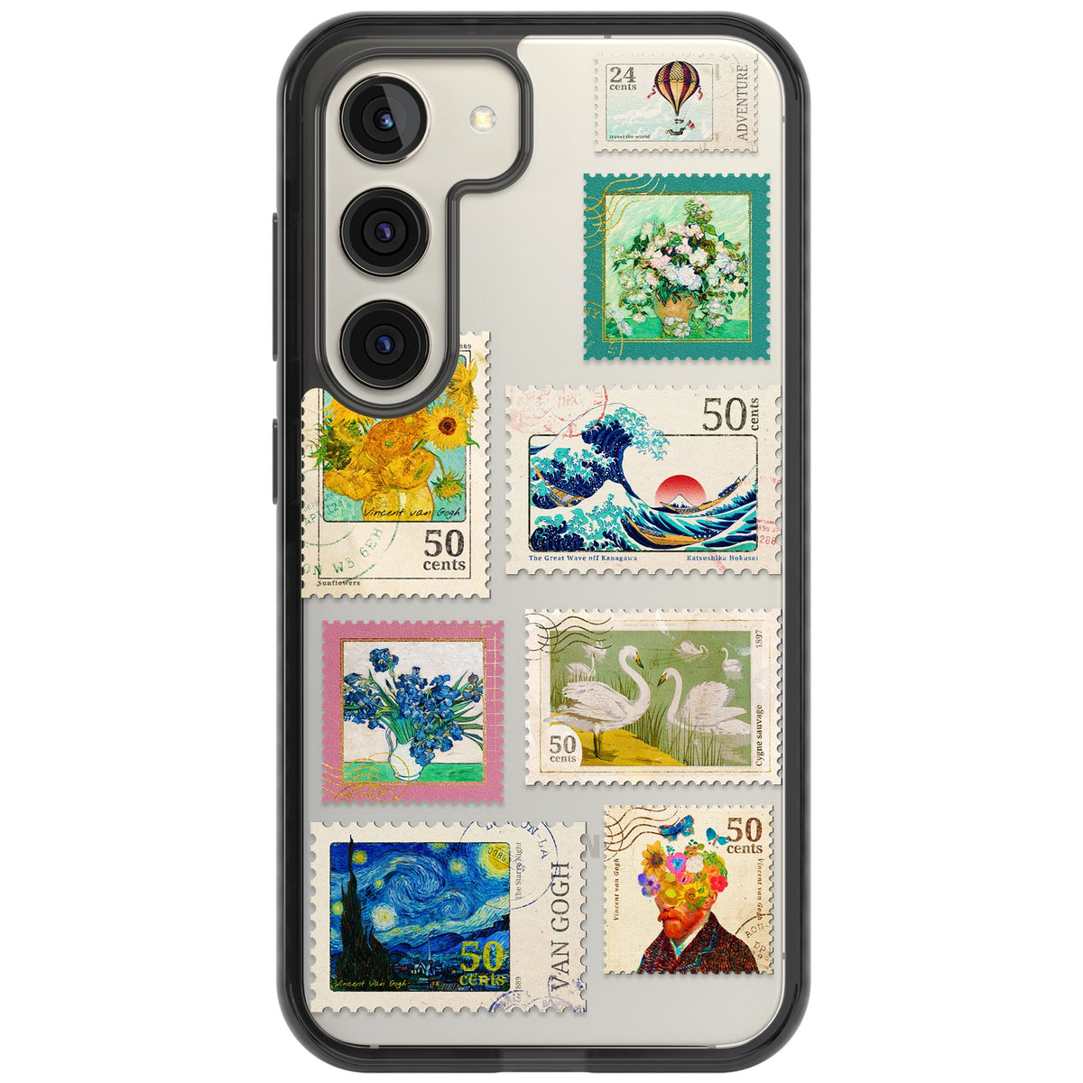Vintage Art Stamps Samsung S22 / Samsung S22 Plus / Samsung S23 / Samsung S23 Plus / Samsung S24 / Samsung S24 Plus Impact Black Phone Case front