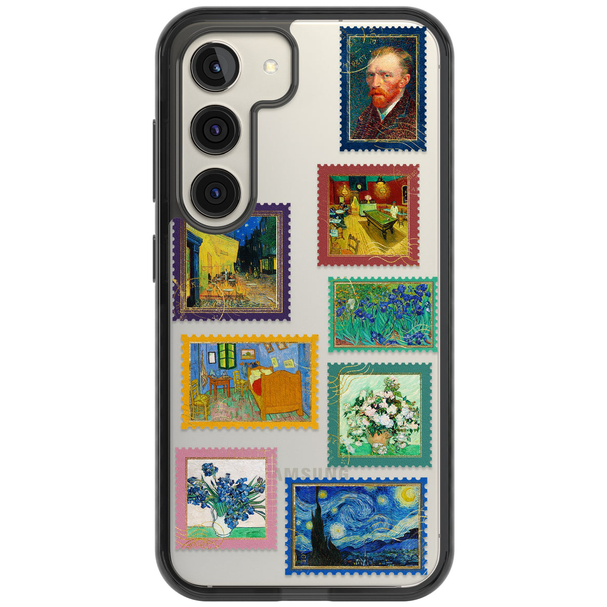 Coloured Vintage Art Stamps Samsung S22 / Samsung S22 Plus / Samsung S23 / Samsung S23 Plus / Samsung S24 / Samsung S24 Plus Impact Black Phone Case front