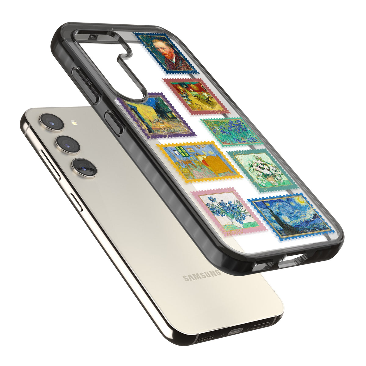 Coloured Vintage Art Stamps Samsung S22 / Samsung S22 Plus / Samsung S23 / Samsung S23 Plus / Samsung S24 / Samsung S24 Plus Impact Black Phone Case angled
