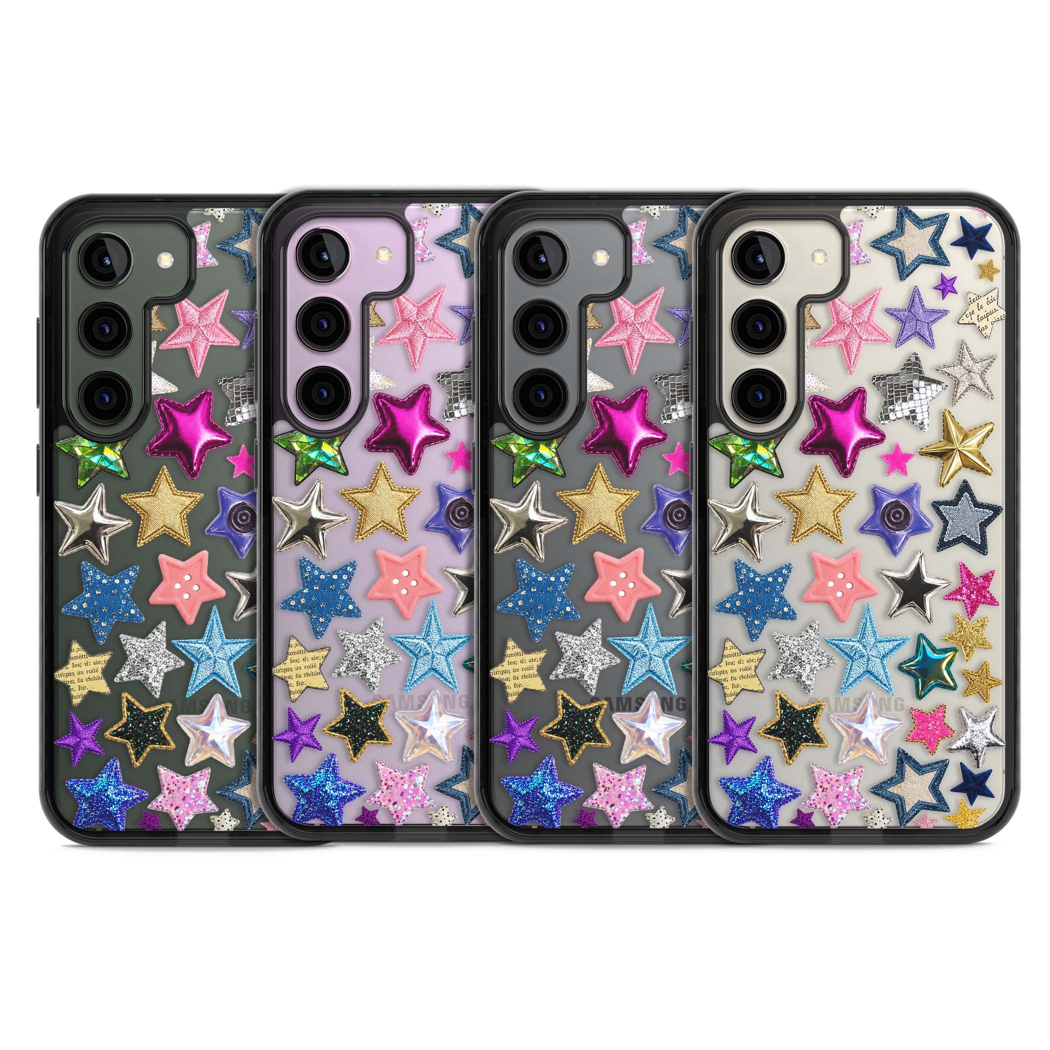 Crafty Star Mix Y2K iPhone case featuring embroidered, sequinned and glitter star patches in rainbow colours | Black Impact case for Samsung Galaxy S24, Samsung Galaxy S23, Samsung Galaxy S22