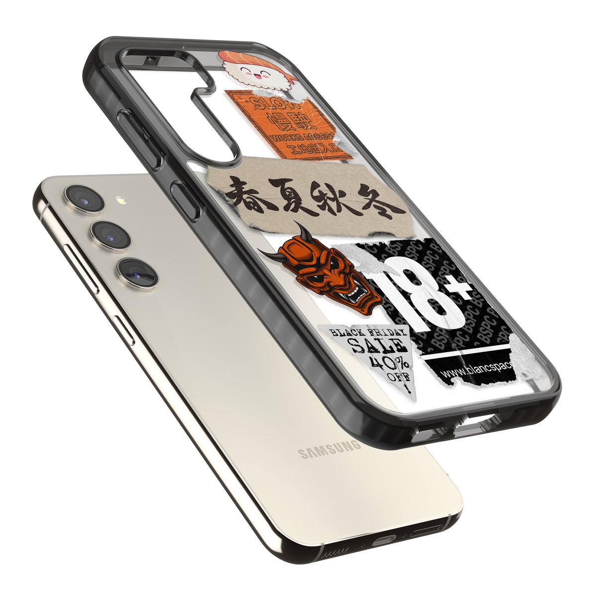 Asian Sticker Mix Samsung S22 / Samsung S22 Plus / Samsung S23 / Samsung S23 Plus / Samsung S24 / Samsung S24 Plus Impact Black Phone Case angled