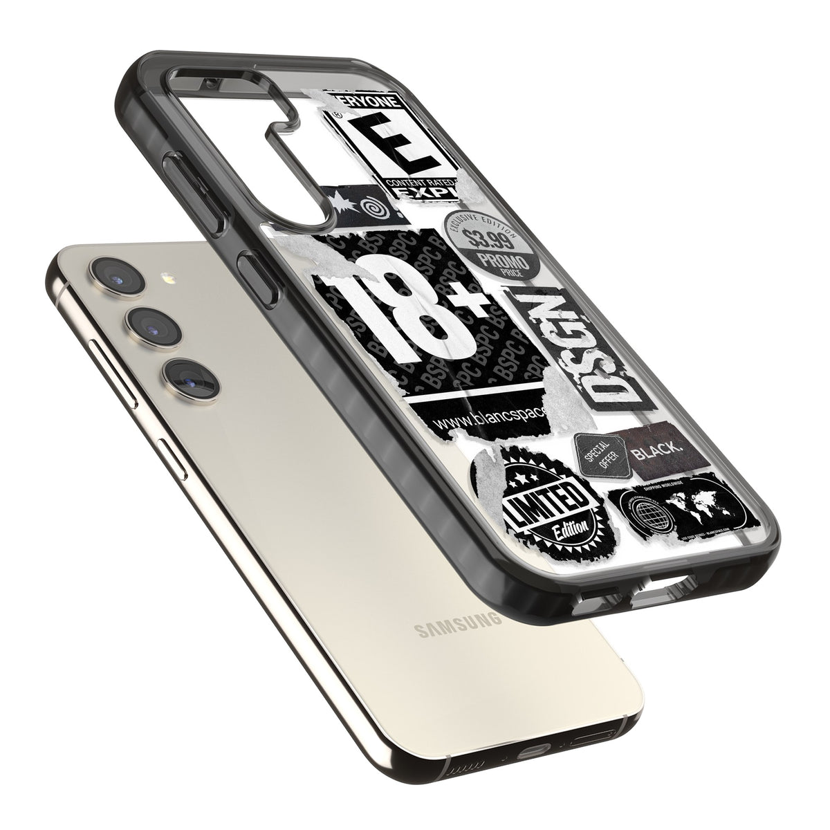 Black Sticker Mix Samsung S22 / Samsung S22 Plus / Samsung S23 / Samsung S23 Plus / Samsung S24 / Samsung S24 Plus Impact Black Phone Case angled