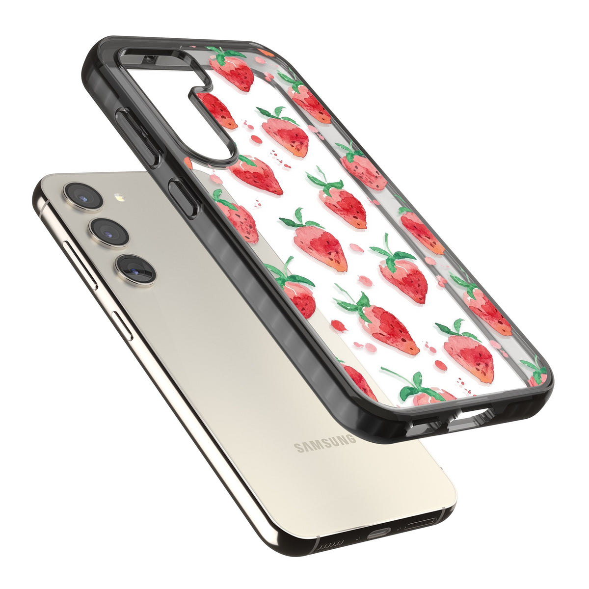 Strawberry Watercolour Samsung S22 / Samsung S22 Plus / Samsung S23 / Samsung S23 Plus / Samsung S24 / Samsung S24 Plus Impact Black Phone Case angled