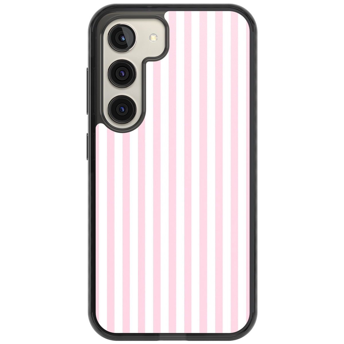 Pink Stripe preppy iPhone case featuring soft pastel pink and white vertical candy stripes Samsung S22 / Samsung S22 Plus / Samsung S23 / Samsung S23 Plus / Samsung S24 / Samsung S24 Plus Impact Black Phone Case front