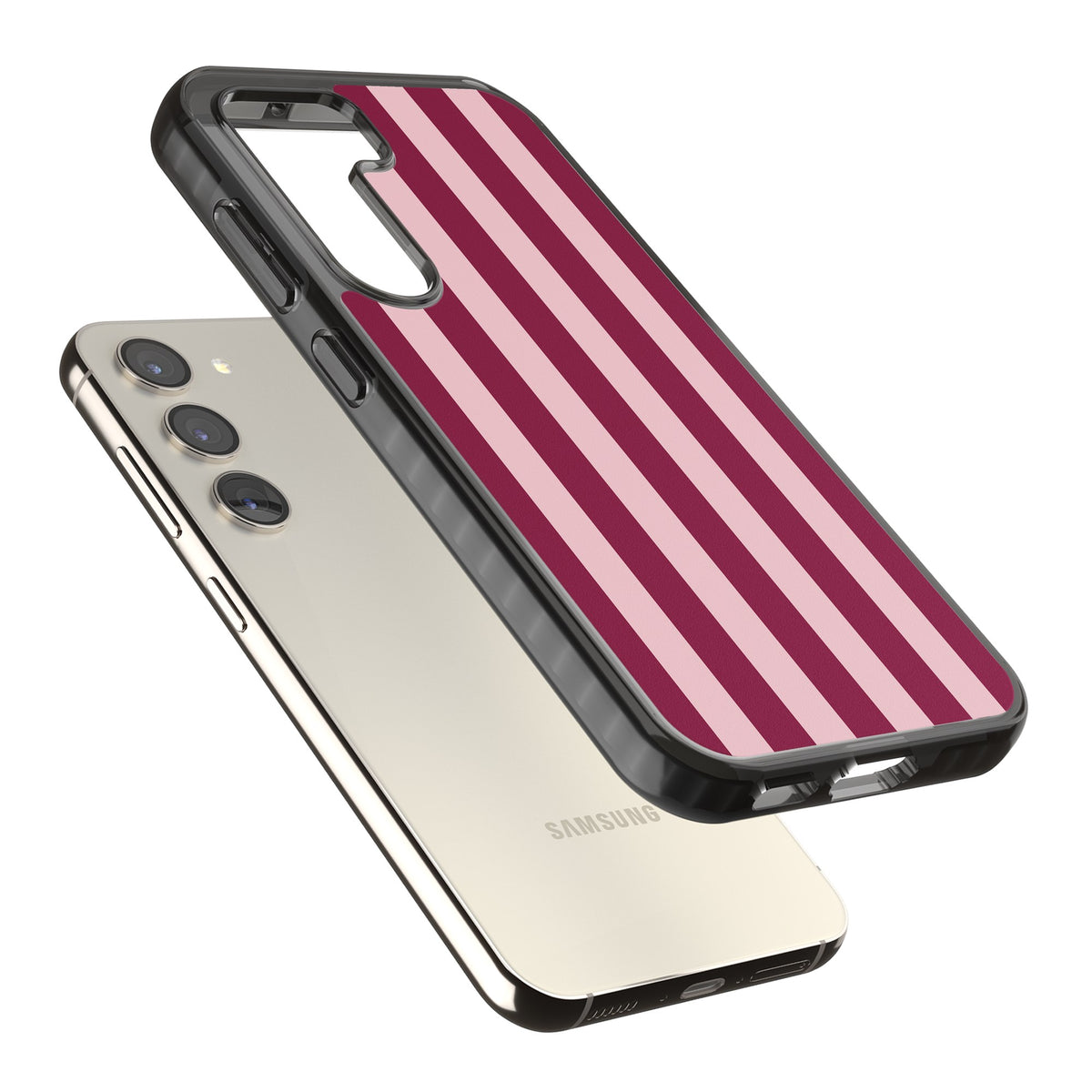 Bordeaux Belle preppy iPhone case featuring bold vertical stripes in burgundy and soft blush pink Samsung S22 / Samsung S22 Plus / Samsung S23 / Samsung S23 Plus / Samsung S24 / Samsung S24 Plus Impact Black Phone Case angled