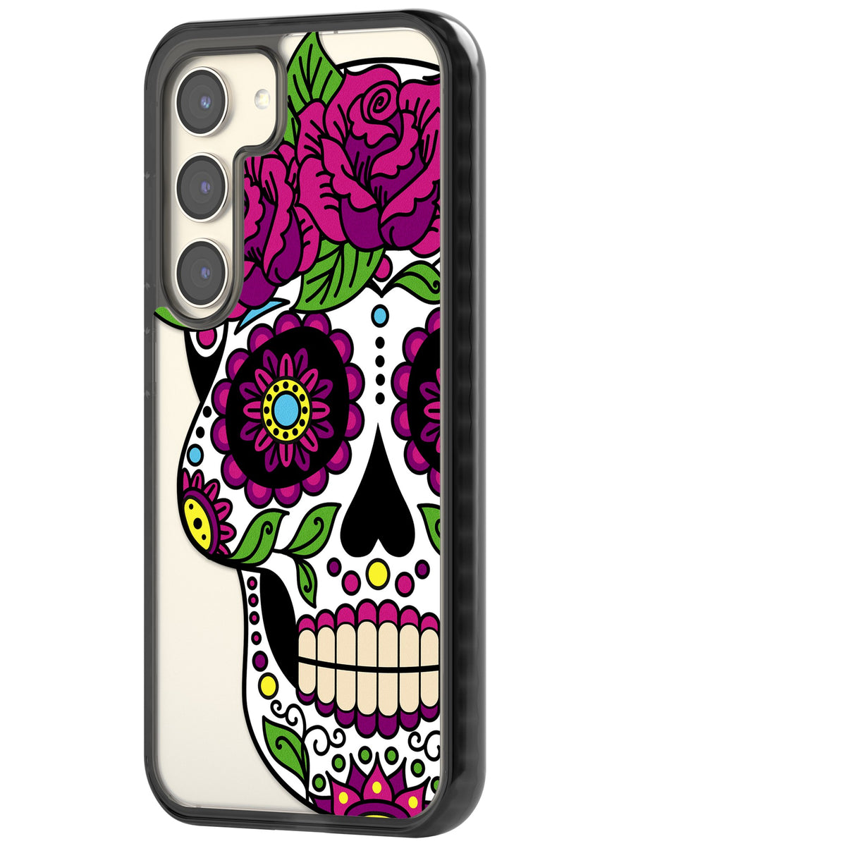 Purple Floral Sugar Skull Samsung S22 / Samsung S22 Plus / Samsung S23 / Samsung S23 Plus / Samsung S24 / Samsung S24 Plus Impact Black Phone Case side