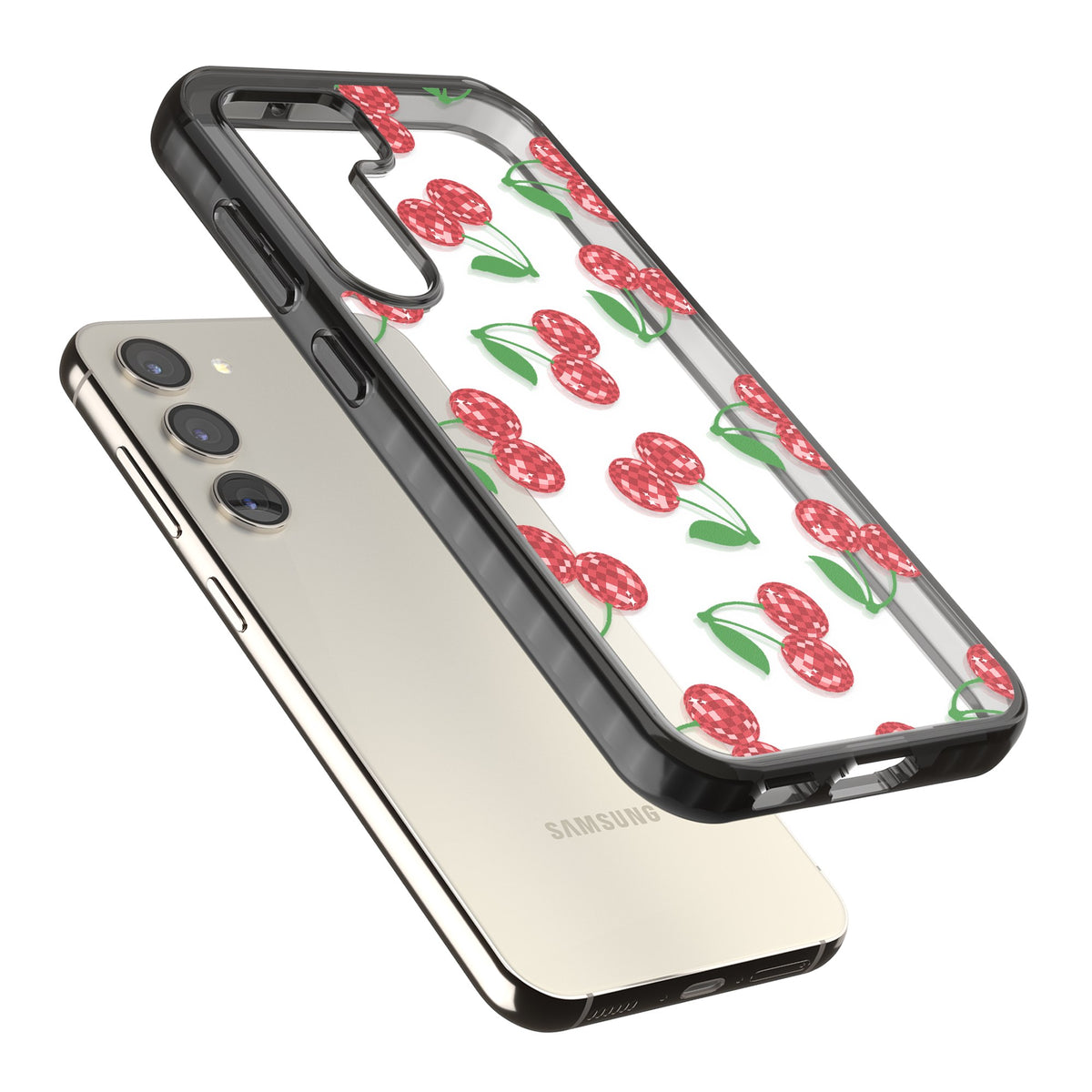 Disco Cherries Samsung S22 / Samsung S22 Plus / Samsung S23 / Samsung S23 Plus / Samsung S24 / Samsung S24 Plus Impact Black Phone Case angled