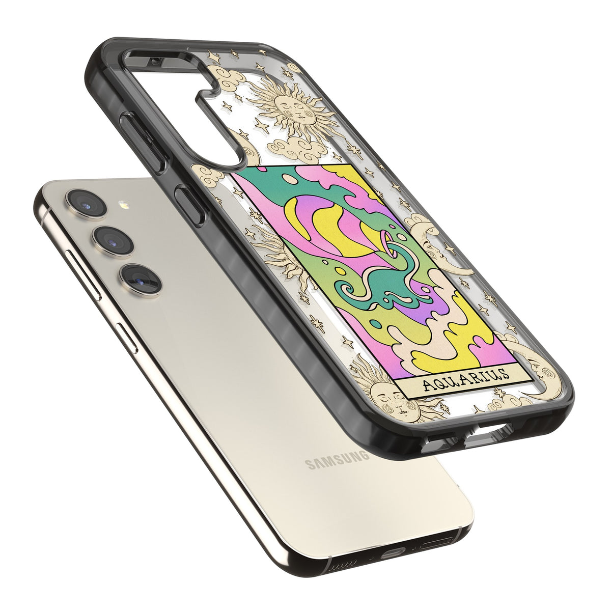 Celestial Zodiac Aquarius Samsung S22 / Samsung S22 Plus / Samsung S23 / Samsung S23 Plus / Samsung S24 / Samsung S24 Plus Impact Black Phone Case angled