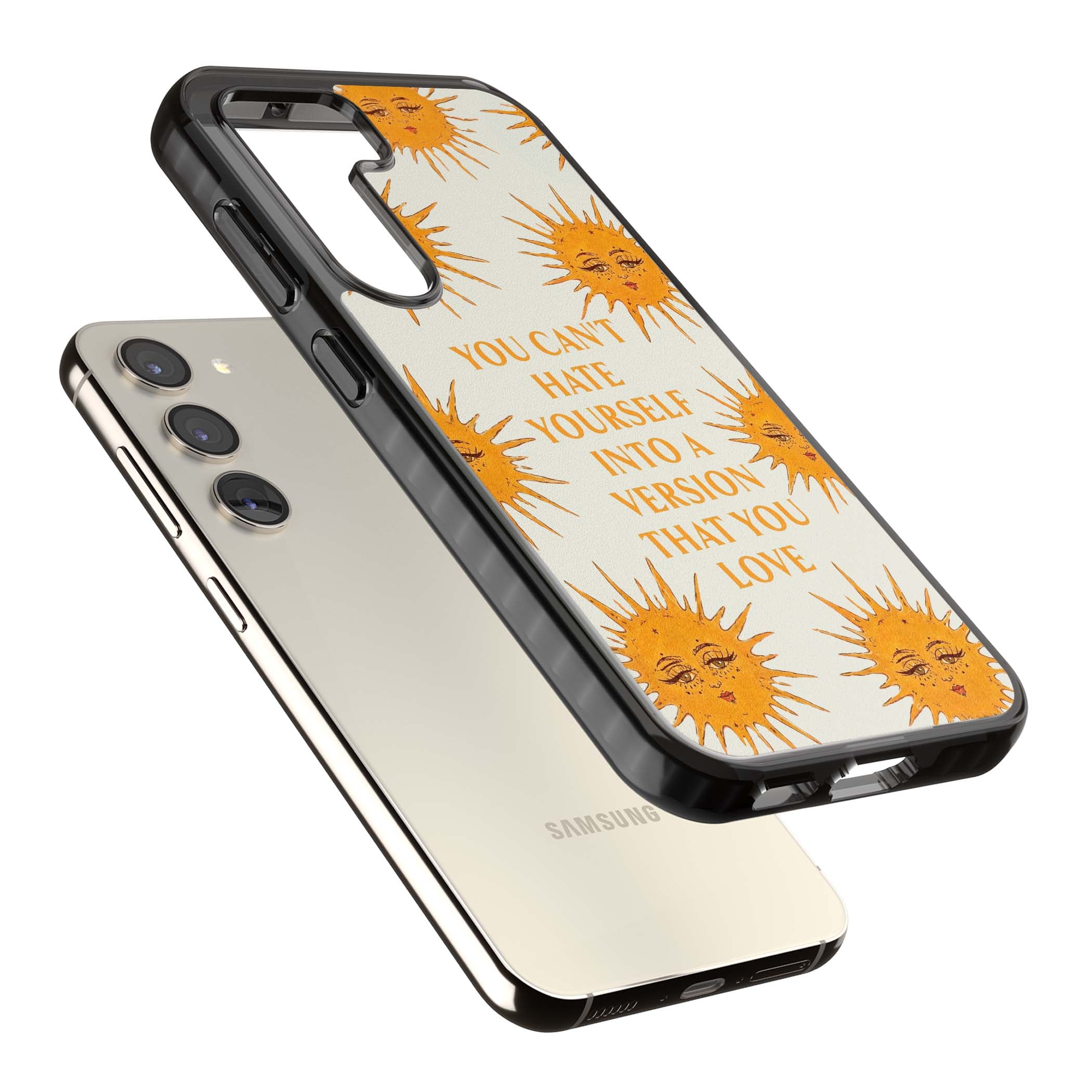 Don't Hate Yourself celestial iPhone case featuring vintage sun faces, ochre rays and a self-love quote | Black Impact case for Samsung Galaxy S24, Samsung Galaxy S23, Samsung Galaxy S22