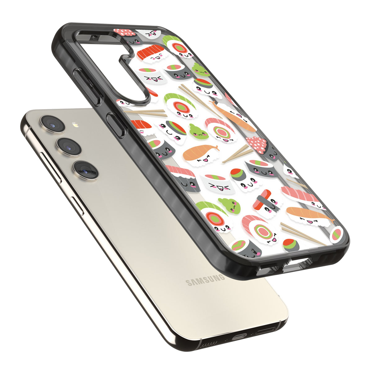 Kawaii Sushi Party Samsung S22 / Samsung S22 Plus / Samsung S23 / Samsung S23 Plus / Samsung S24 / Samsung S24 Plus Impact Black Phone Case angled