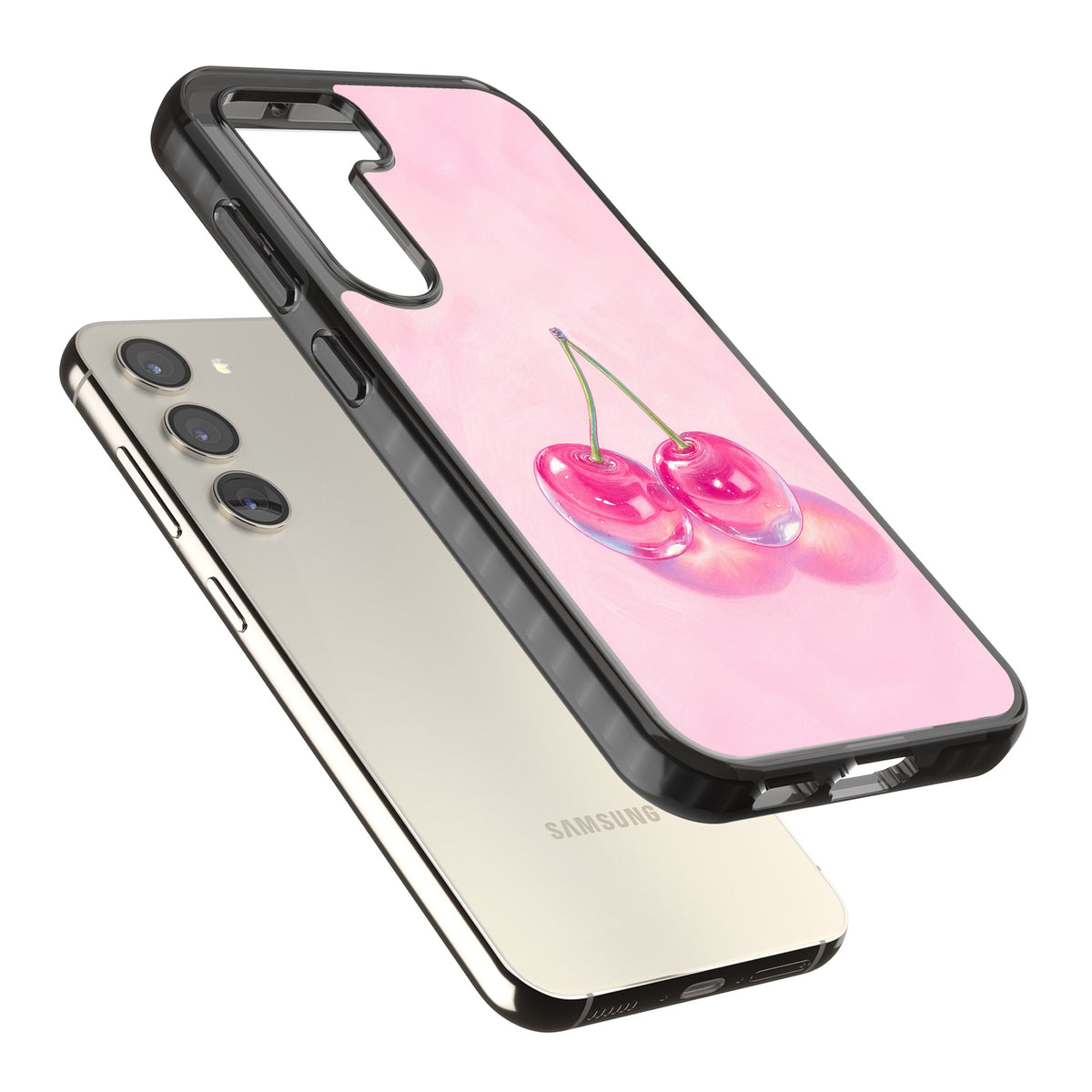 Pink Glass Cherry Samsung S22 / Samsung S22 Plus / Samsung S23 / Samsung S23 Plus / Samsung S24 / Samsung S24 Plus Impact Black Phone Case angled