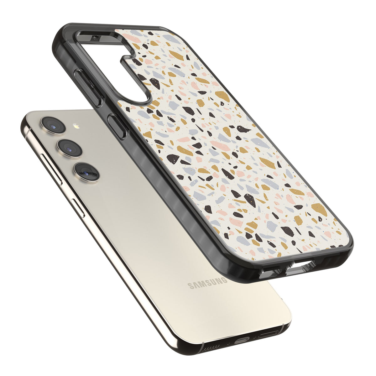 Mocha Terrazzo Samsung S22 / Samsung S22 Plus / Samsung S23 / Samsung S23 Plus / Samsung S24 / Samsung S24 Plus Impact Black Phone Case angled