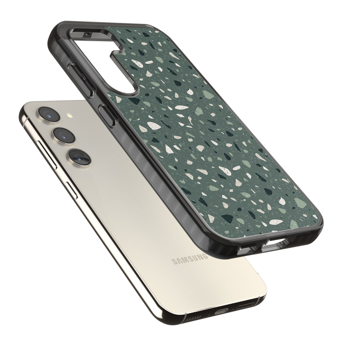 Green & Cream Terrazzo Pattern Samsung S22 / Samsung S22 Plus / Samsung S23 / Samsung S23 Plus / Samsung S24 / Samsung S24 Plus Impact Black Phone Case angled