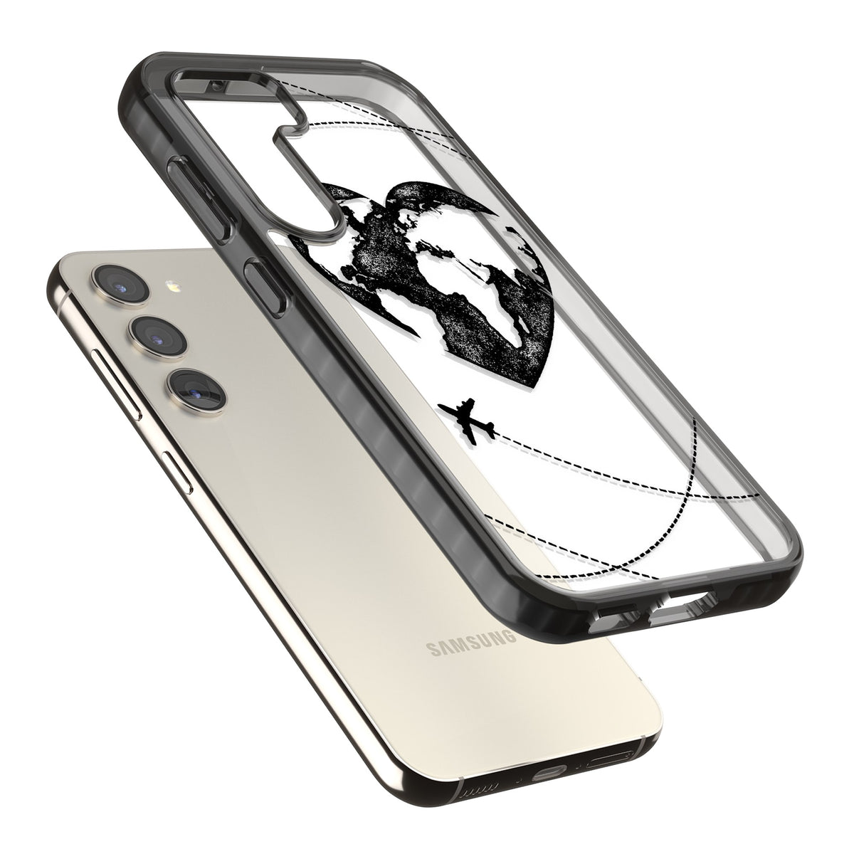 Globe Heart Samsung S22 / Samsung S22 Plus / Samsung S23 / Samsung S23 Plus / Samsung S24 / Samsung S24 Plus Impact Black Phone Case angled