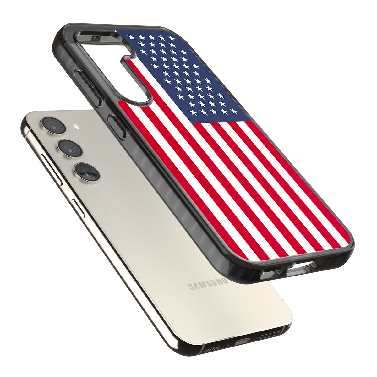 American Flag Samsung S22 / Samsung S22 Plus / Samsung S23 / Samsung S23 Plus / Samsung S24 / Samsung S24 Plus Impact Black Phone Case angled