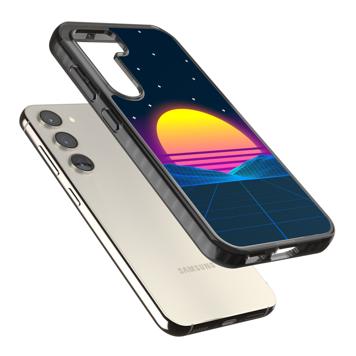 Sunset Vaporwave Samsung S22 / Samsung S22 Plus / Samsung S23 / Samsung S23 Plus / Samsung S24 / Samsung S24 Plus Impact Black Phone Case angled