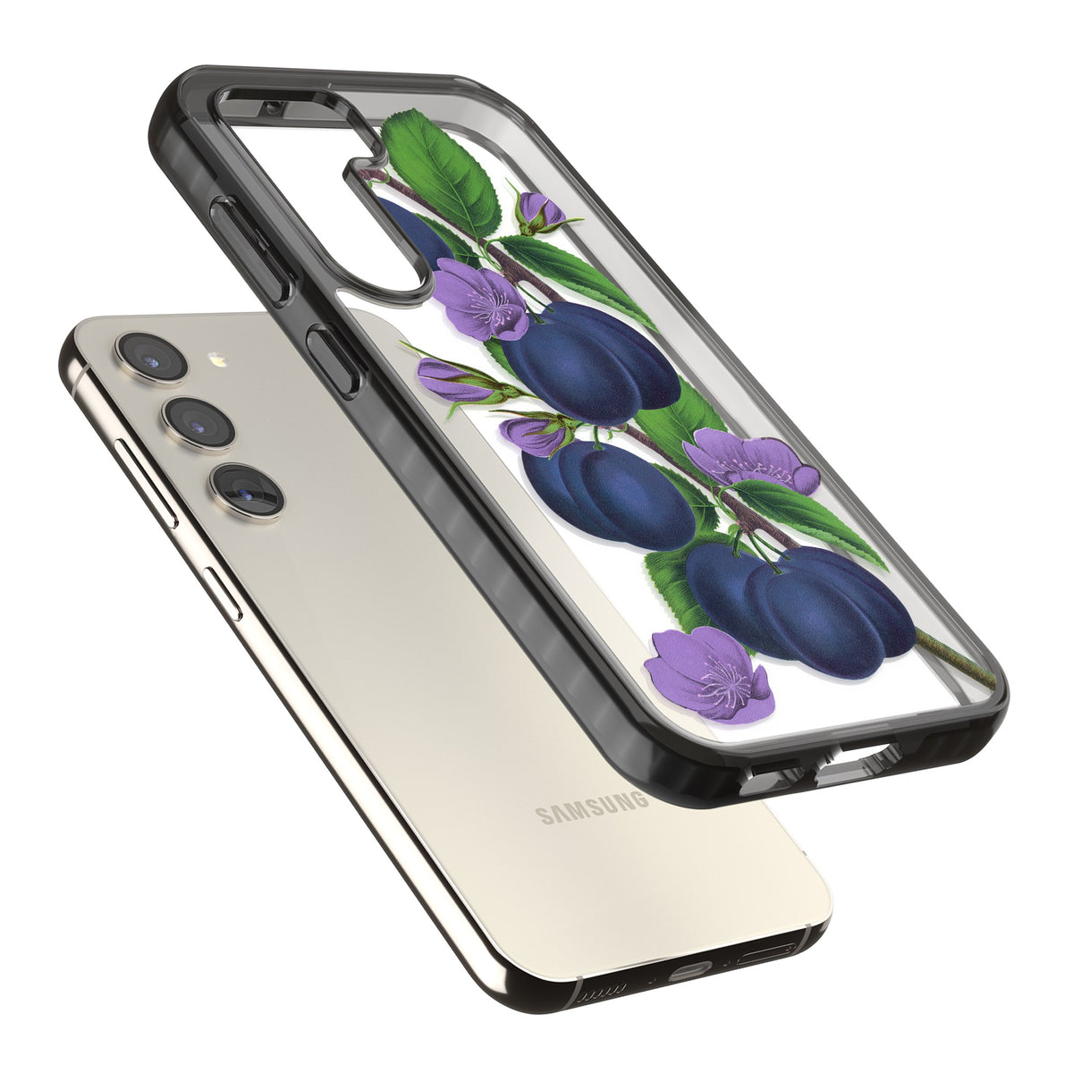 Vintage Painted Plums Samsung S22 / Samsung S22 Plus / Samsung S23 / Samsung S23 Plus / Samsung S24 / Samsung S24 Plus Impact Black Phone Case angled