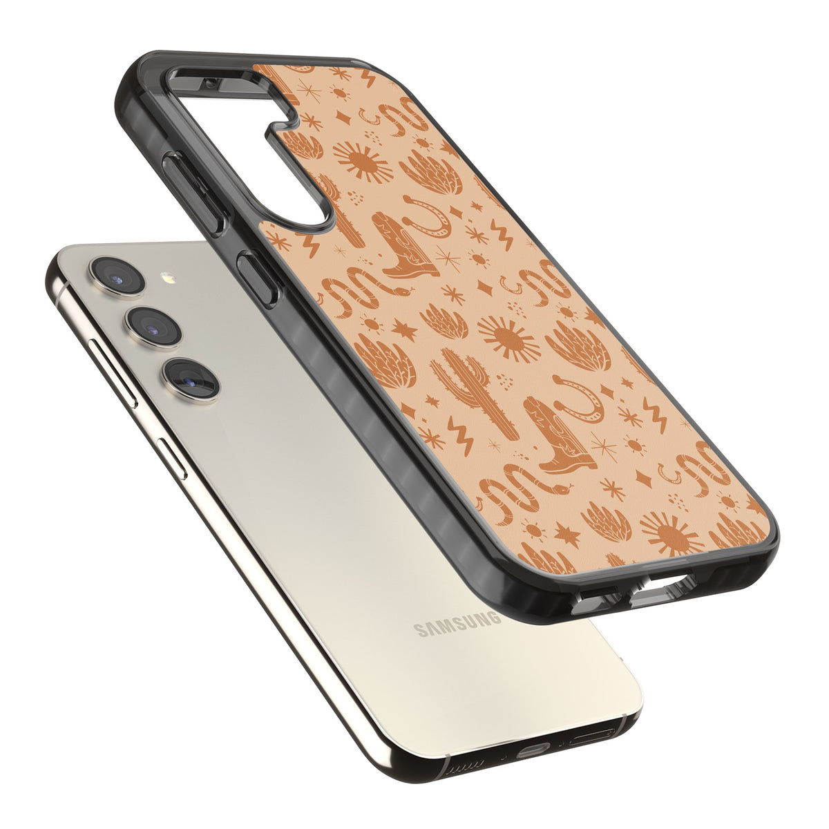 Wild West Pattern Samsung S22 / Samsung S22 Plus / Samsung S23 / Samsung S23 Plus / Samsung S24 / Samsung S24 Plus Impact Black Phone Case angled