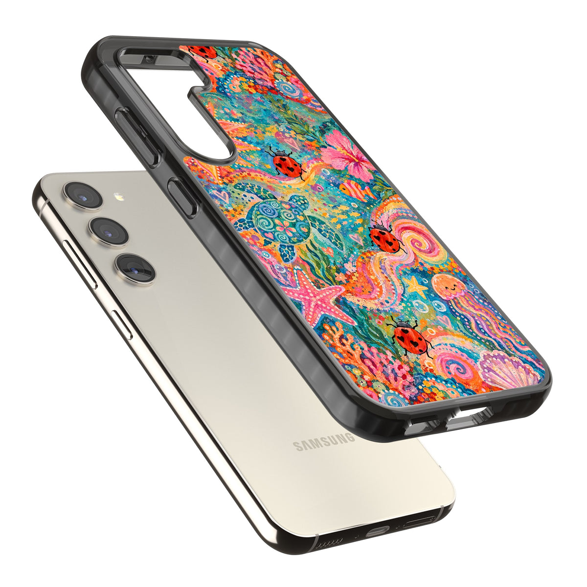 Coral Whimsy Samsung S22 / Samsung S22 Plus / Samsung S23 / Samsung S23 Plus / Samsung S24 / Samsung S24 Plus Impact Black Phone Case angled