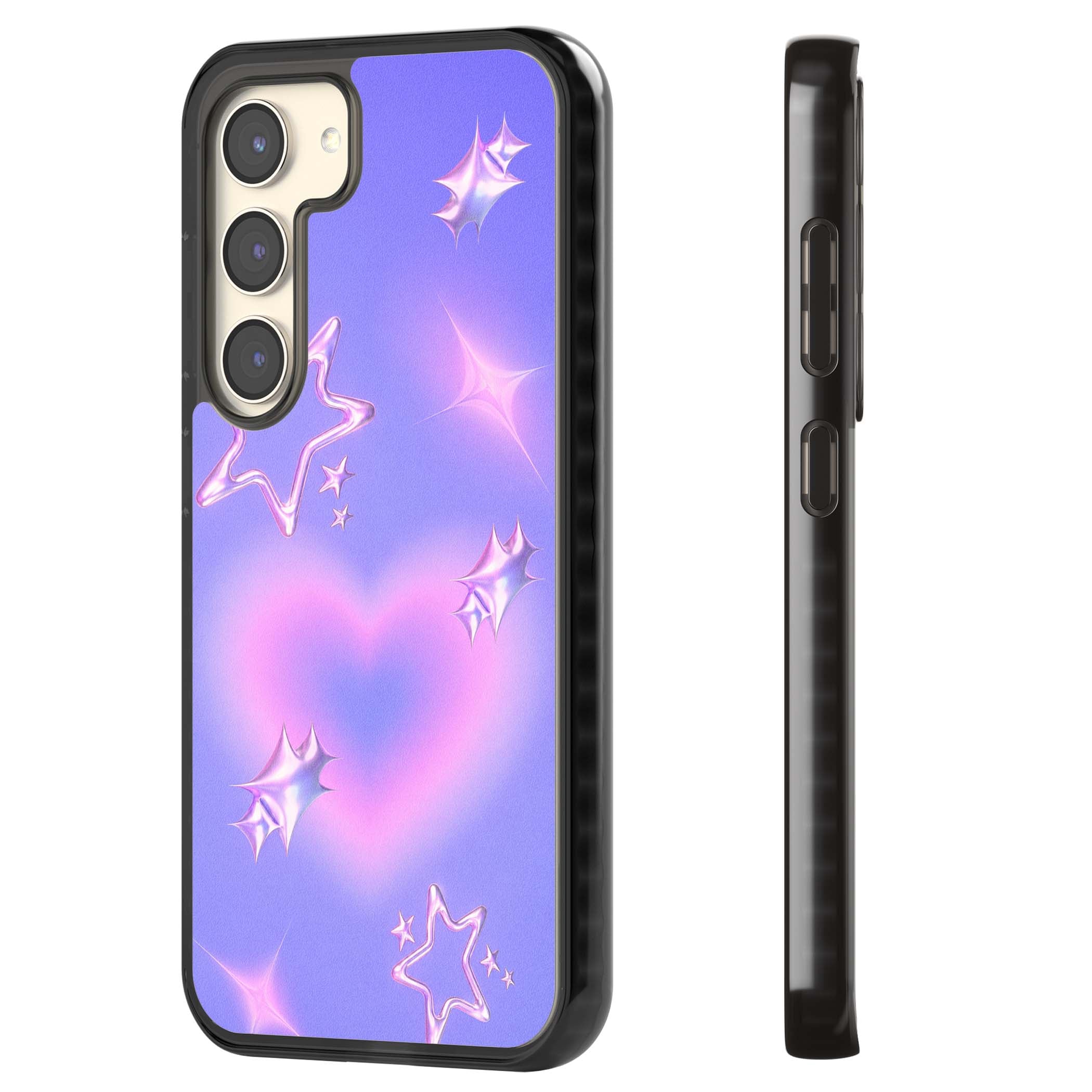 Soft Sugar Y2K iPhone case featuring iridescent chrome hearts, metallic pink stars and a lavender gradient sky | Black Impact case for Samsung Galaxy S24, Samsung Galaxy S23, Samsung Galaxy S22