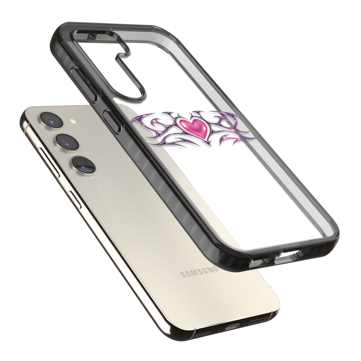 Pink Chrome Heart Samsung S22 / Samsung S22 Plus / Samsung S23 / Samsung S23 Plus / Samsung S24 / Samsung S24 Plus Impact Black Phone Case angled