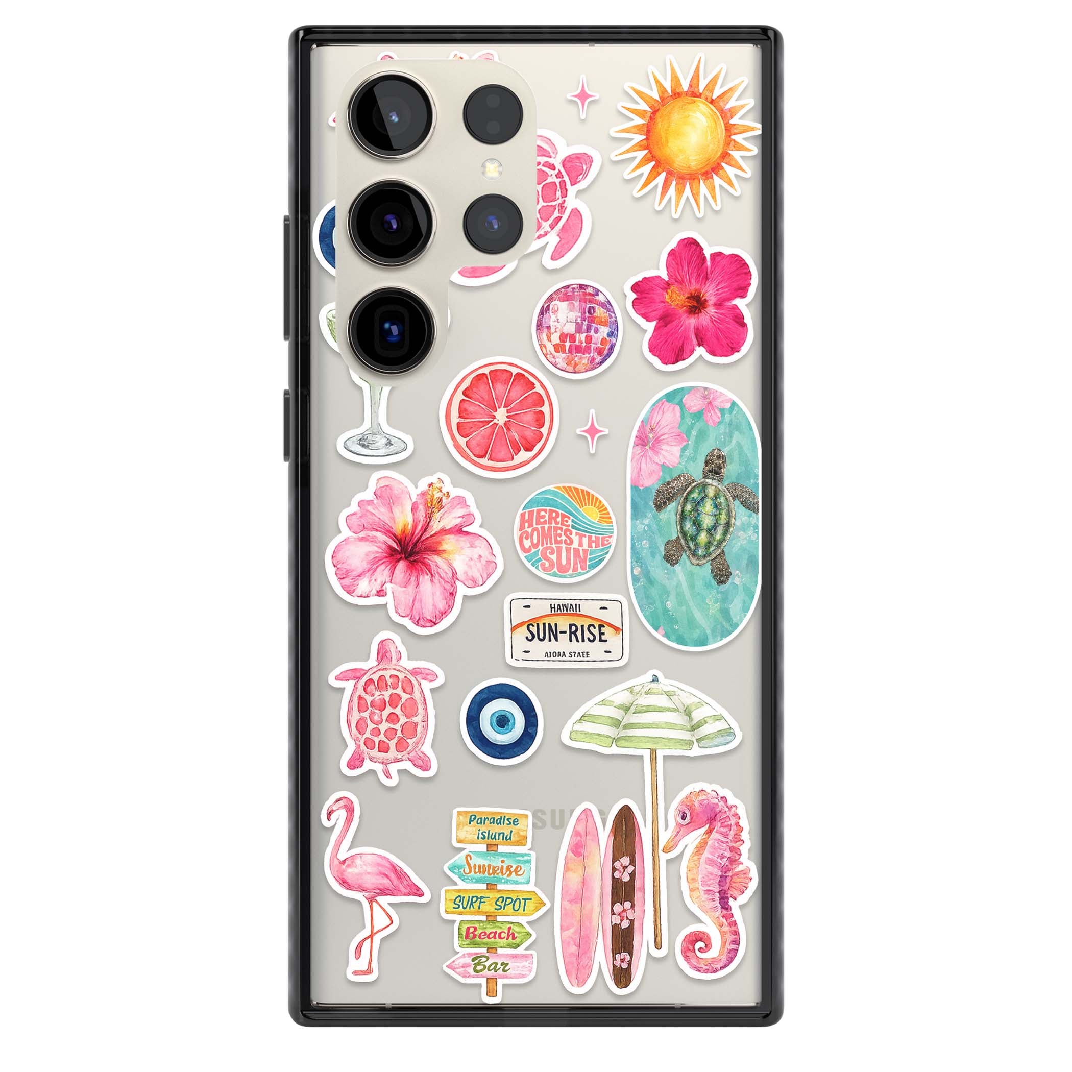 Aloha Sticker Mix tropical summer iPhone case featuring pink hibiscus, sea turtles, flamingo and beach umbrella stickers | Black Impact case for Samsung Galaxy S24 Ultra, Samsung Galaxy S23 Ultra, Samsung Galaxy S22 Ultra