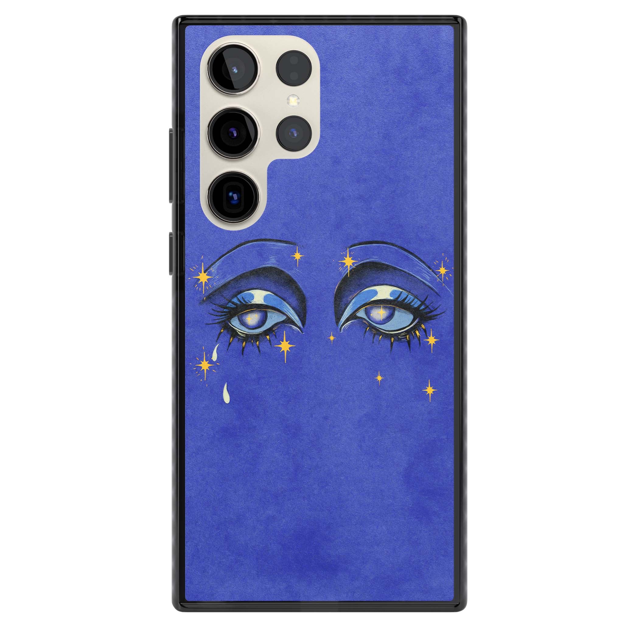 Blue Mystic Eyes celestial iPhone case featuring hand drawn blue mystical eyes, golden stars and a painted tear on indigo | Black Impact case for Samsung Galaxy S24 Ultra, Samsung Galaxy S23 Ultra, Samsung Galaxy S22 Ultra